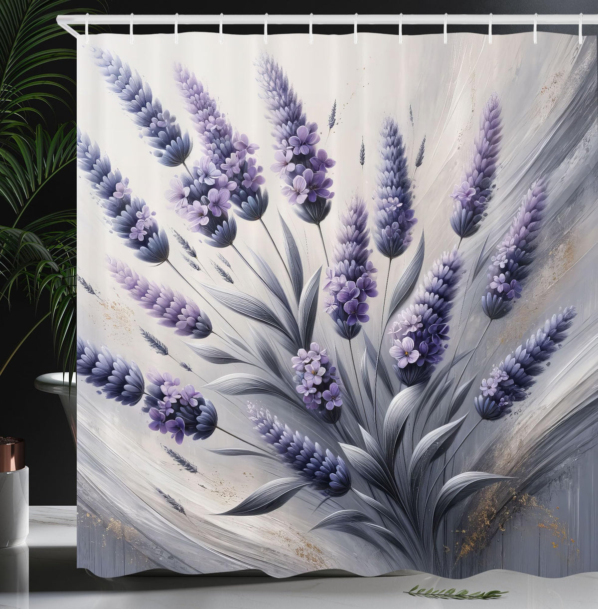 Ambesonne Lavender Shower Curtain, Modern Design Of Realist Floral With Muted Leaves On Contemporary Back, Cloth Fabric Bathroom