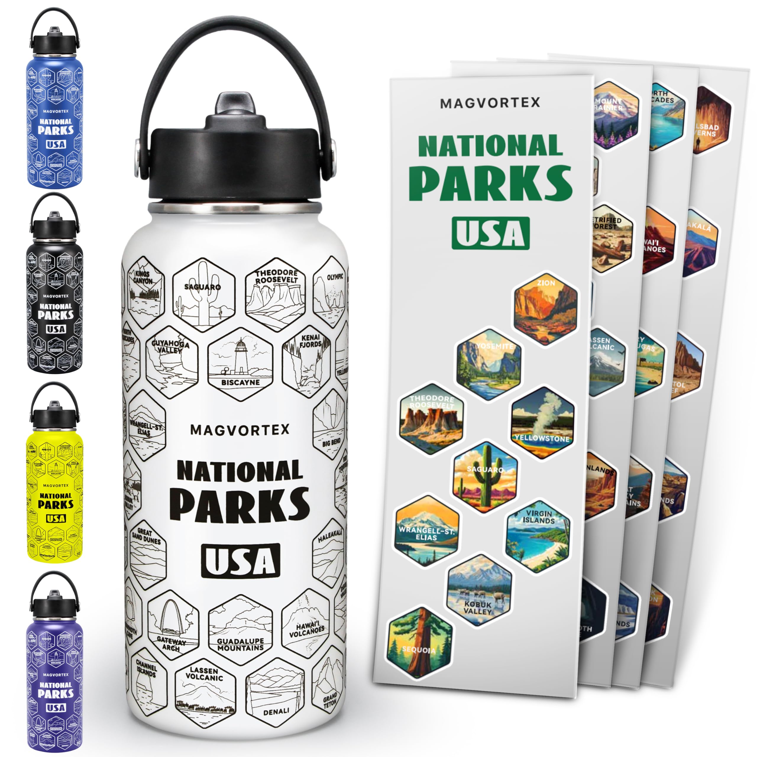 National Parks White Water Bottle with Durable Stickers - 32oz Insulated Stainless Steel Water Bottle with Spout Lid - Insulated