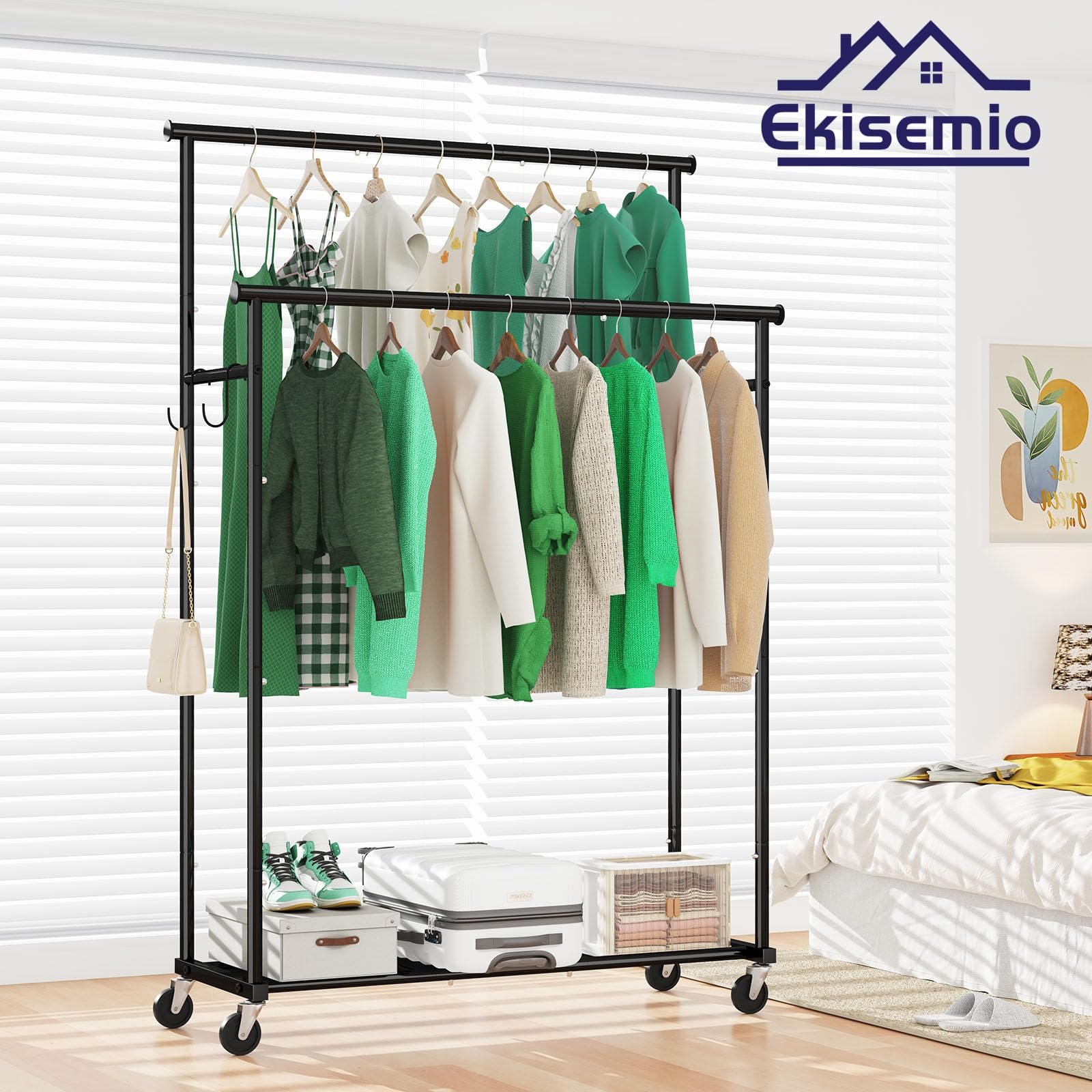 Ekisemio Double Rod Clothing Garment Rack On Wheels, 45 Inches Clothes Rack With Mesh Bottom Shelf For Hanging Clothes, Heavy Du