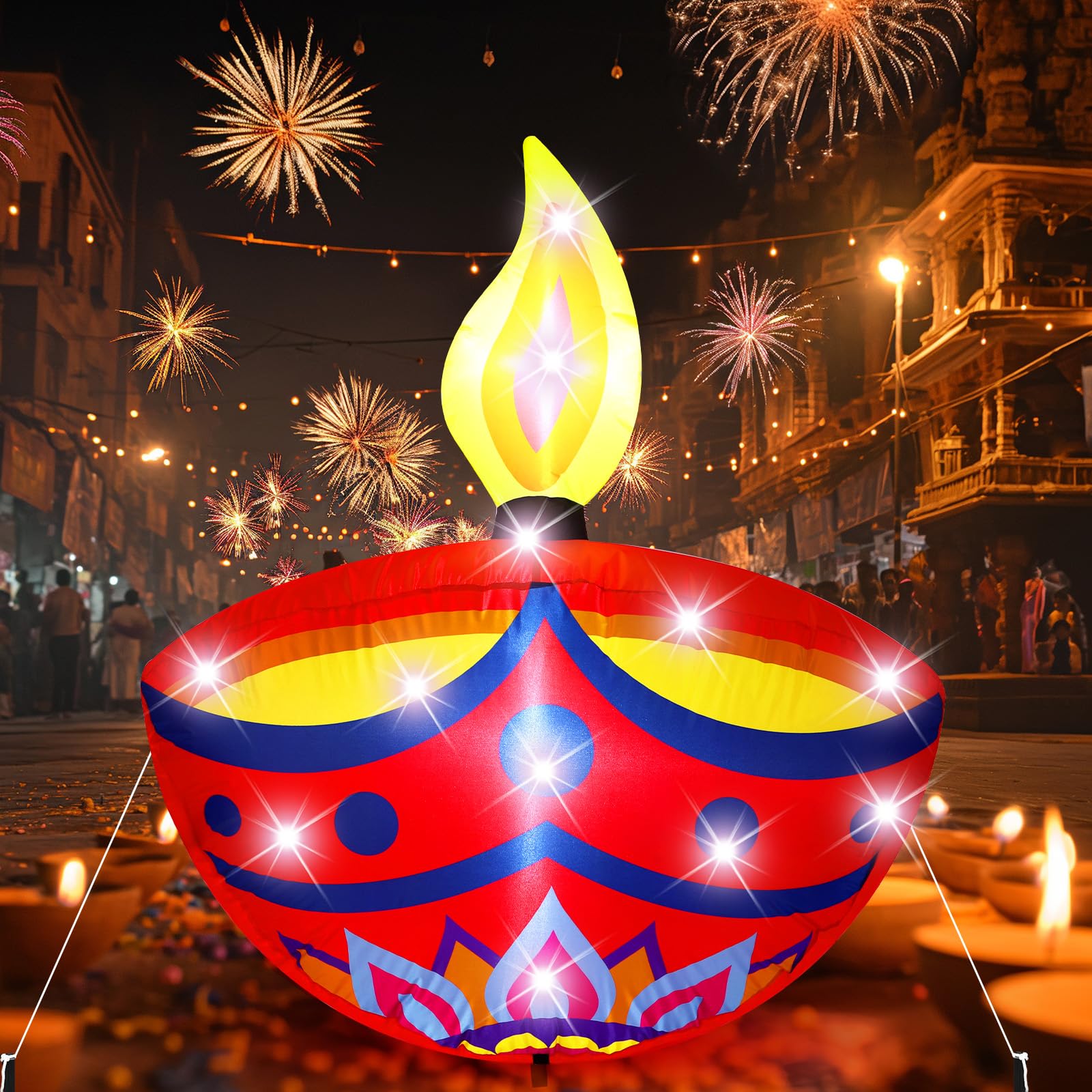 VIHOSE 4.27 ft Happy Diwali Inflatables Outdoor Decorations Diyas Oil Lamp Blow up Yard Decor Tea Light Style Indian Diwali with