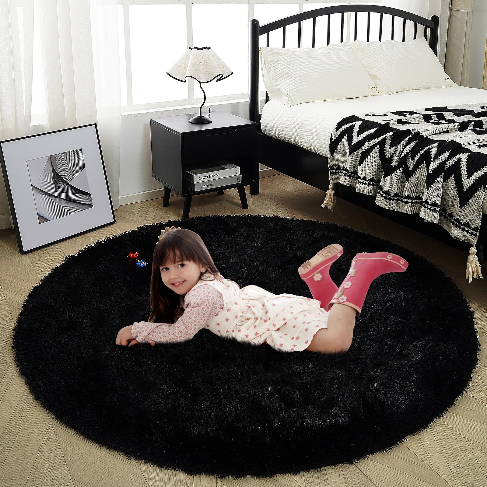 Black Fluffy Round Rug,Soft Area Rugs for Girls Room, Shaggy Rugs 3X3 for Living Room,Non Slip Circle Rug for Kids Bedroom,Sha