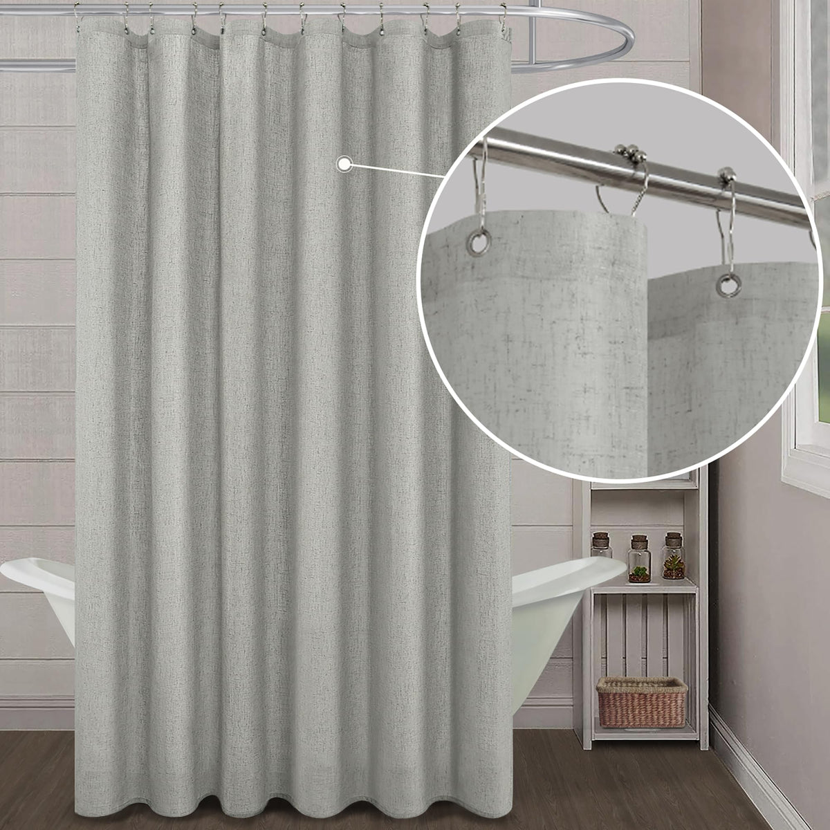Grey Shower Curtain,Basic Solid Waterproof Linen Fabric Liner Set With Hooks,Unique Translucent Hotel Style Collection Farmhouse