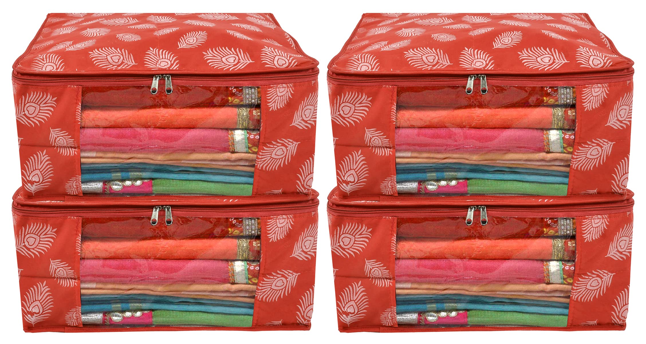 Kuber Industries Leaf Printed Saree Cover/Clothes Organiser For Wardrobe With Transparent Window, Pack Of 4 (Orange)