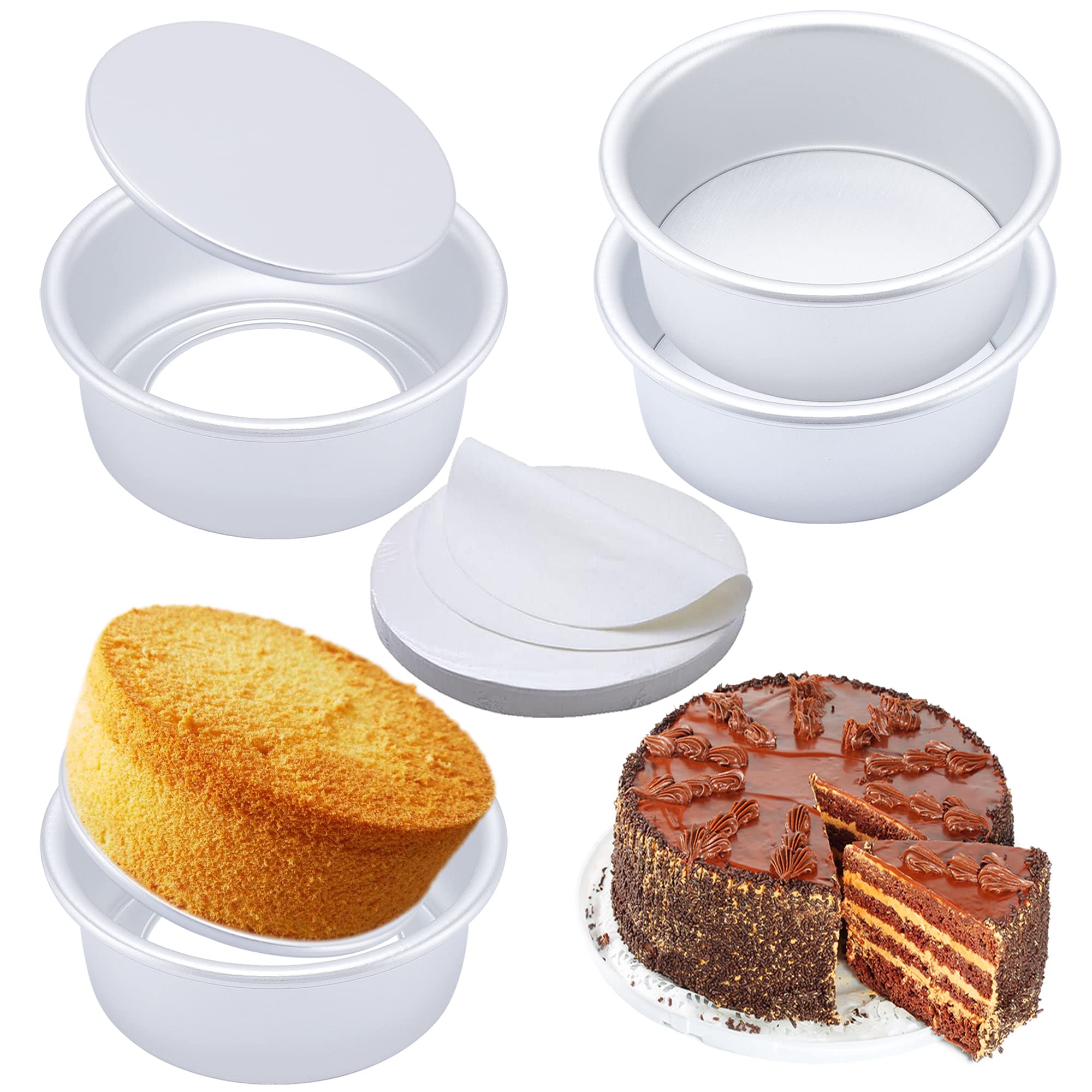 6 Inch Round Cake Pan Set Of 4, Nonstick Aluminum Baking Pans With 100 Sheets Parchment Paper, Tins Bakeware For Making Layered