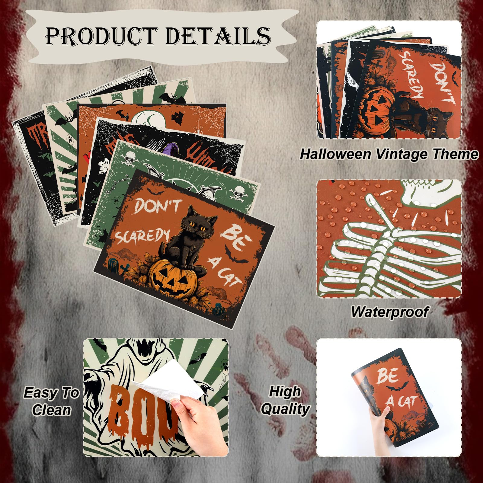 Halloween Placemats Set Of 6 Vintage Plastic Table Mats Black Cat Place Mats Washable Ghost Witch Bat Rectangle Skull Table Deco