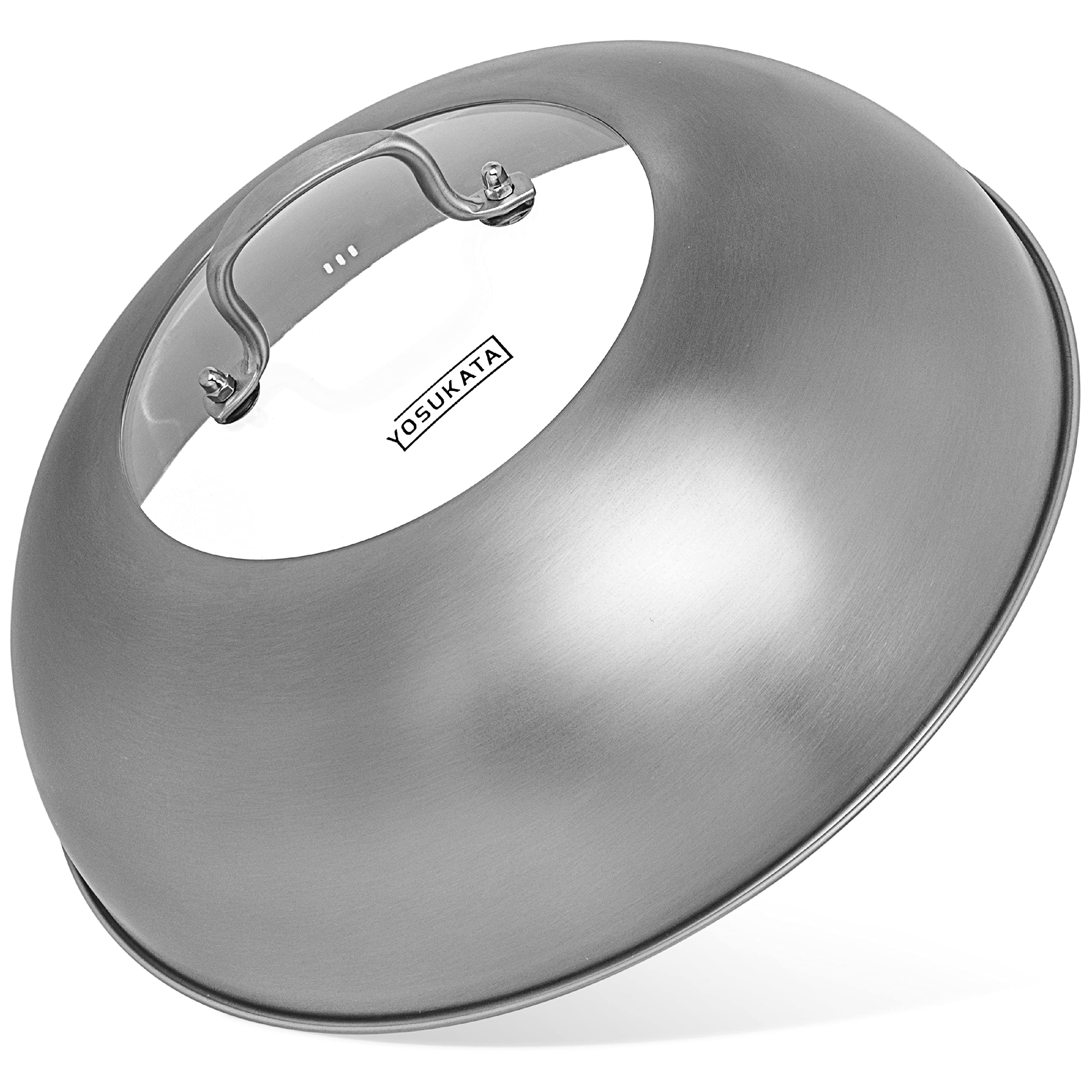 Yosukata Wok Lid 13.6 Inch - Premium Stainless Griddle Dome With Tempered Glass Insert Steam Holes - Dishwasher-Safe Round Wok C