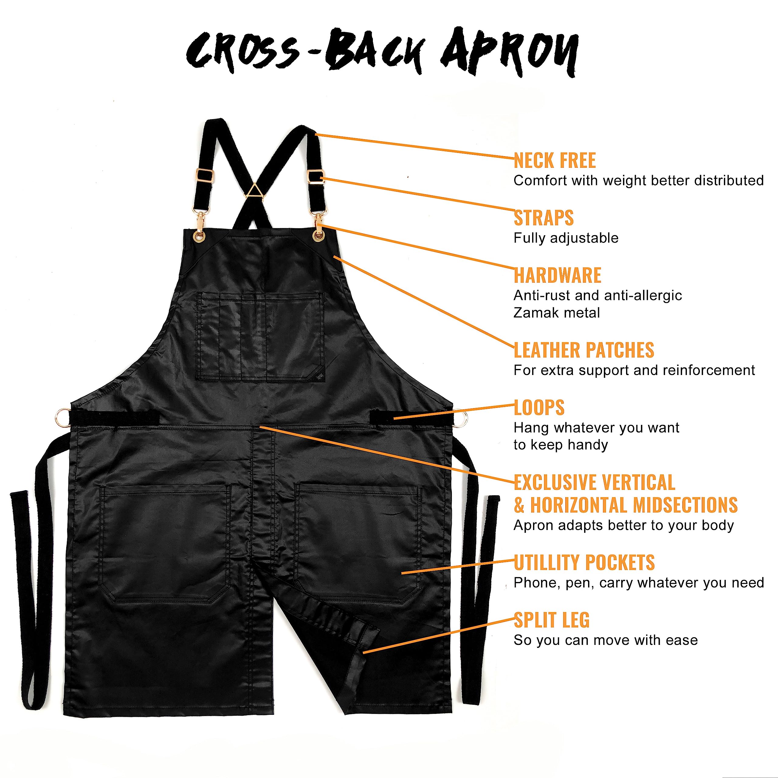 Under Ny Sky Cross-Back Black Apron - Golden Hardware, Coated Twill, Leather Reinforcement, Split-Leg - Adjustable For Men, Wome