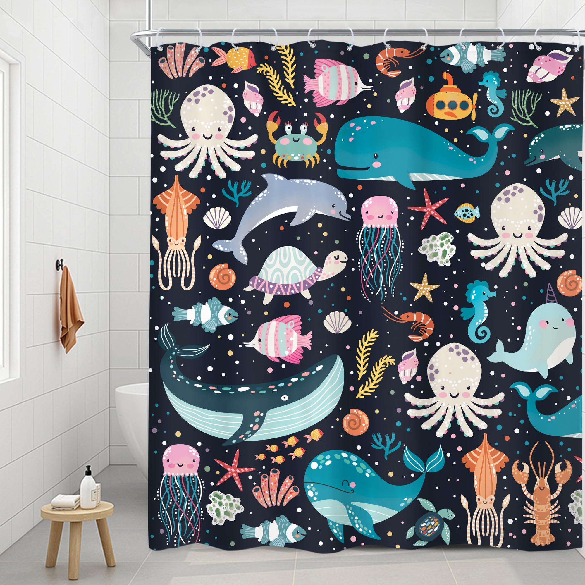 Riyidecor Kids Ocean Animal Shower Curtain 60Wx72H Inch Underwater Cartoon Whale Dolphin Octopus Jellyfish Turtle Beach Sealife
