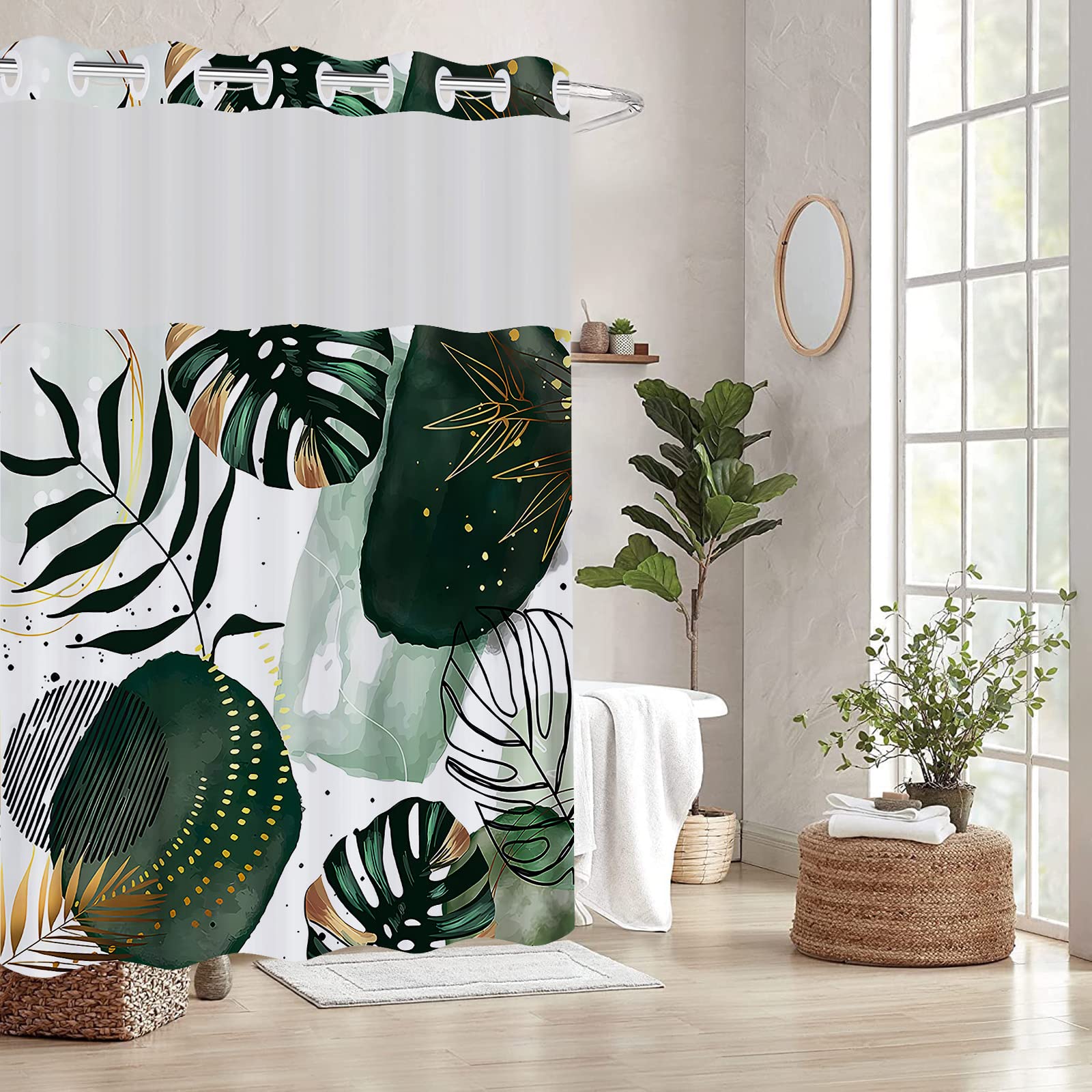 Rezaymrs Spring Floral 3 In 1 Shower Curtain No Hooks, 71X74 Inch Waterproof Washable, Polyester Snap In Fabric, Sheer Top Windo