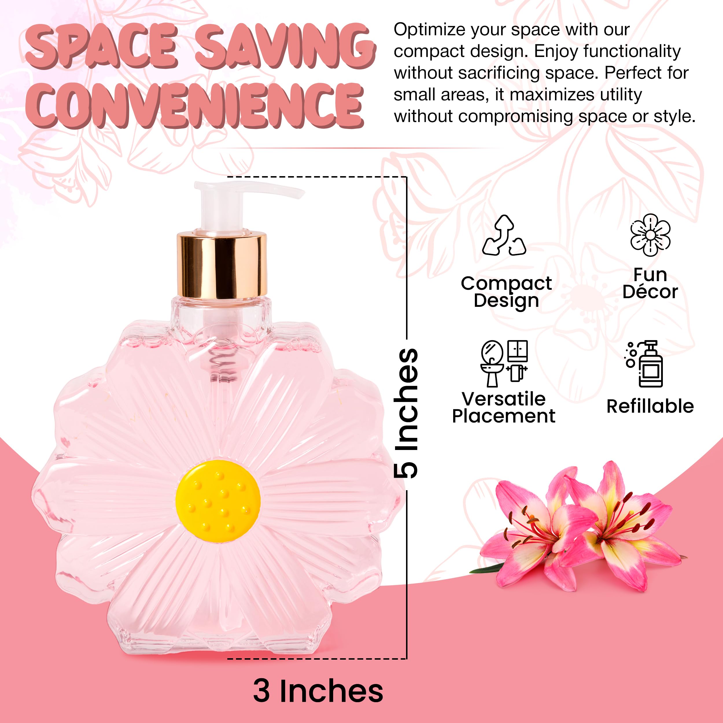 Simple Pleasures Pink Daisy Soap Dispenser - Cute Hand And Dish Soap Dispenser For Kitchen And Bathroom D  Cor - Cool Liquid Soa
