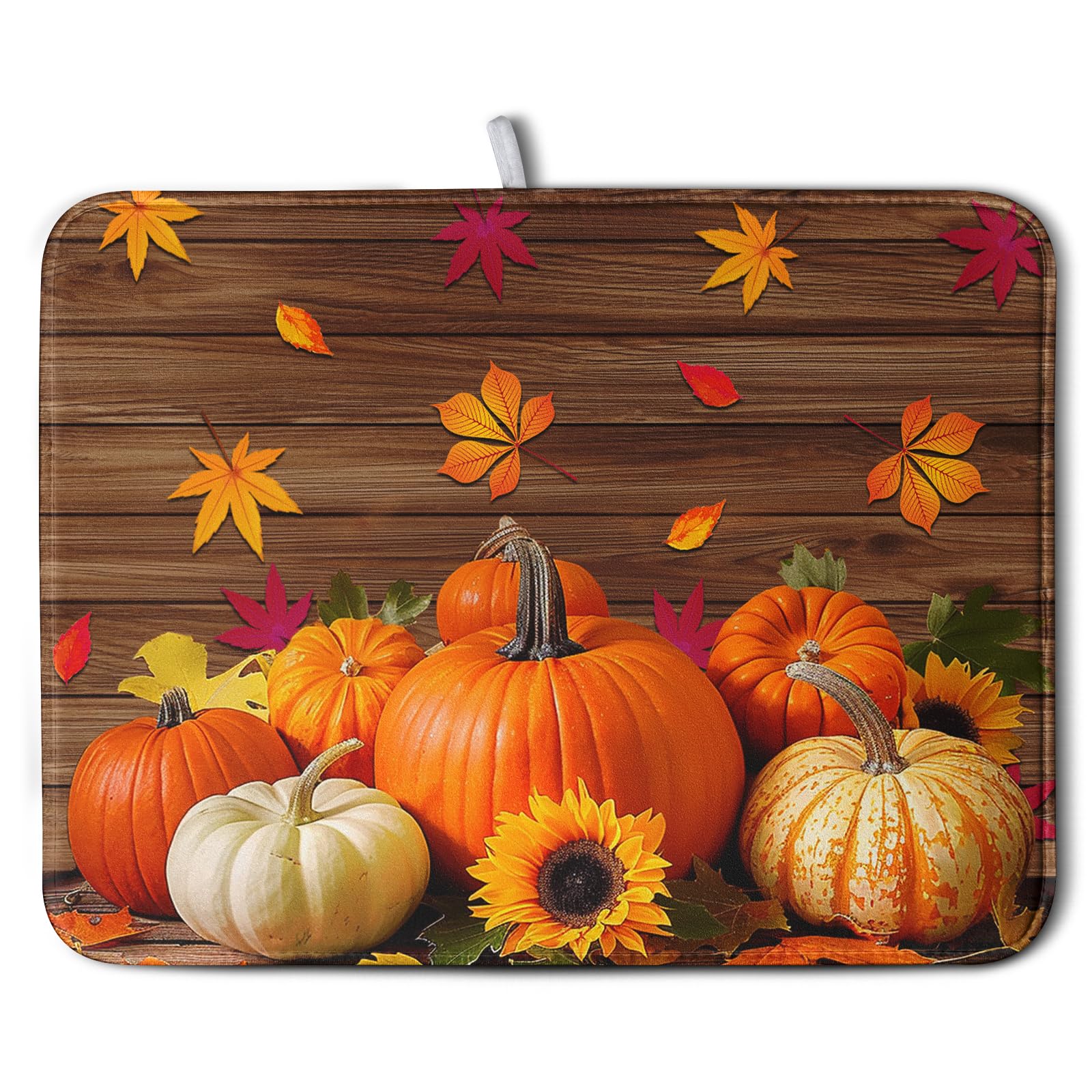 AutumnThanksgiving Pumpkin Dish Drying Mat for Kitchen Counter 16x18 Inch Fall Sunflowers Maple Leaves Harvest Kitchen Drying Ma