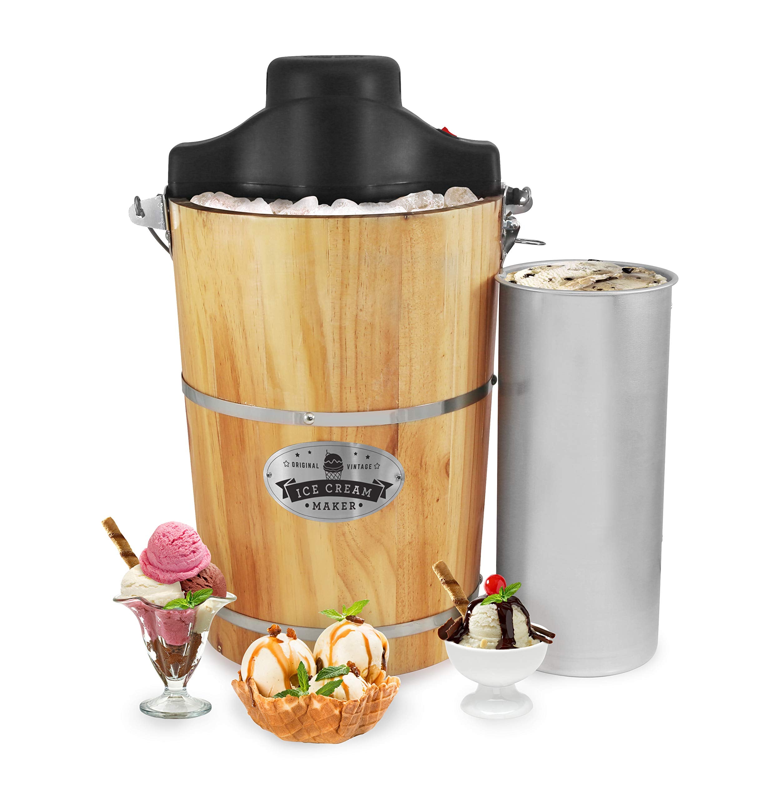 Elite Gourmet Old Fashioned 6 Quart Vintage Wood Bucket Electric Ice Cream Maker Machine Appalachian, Bonus Classic Die-Cast Han