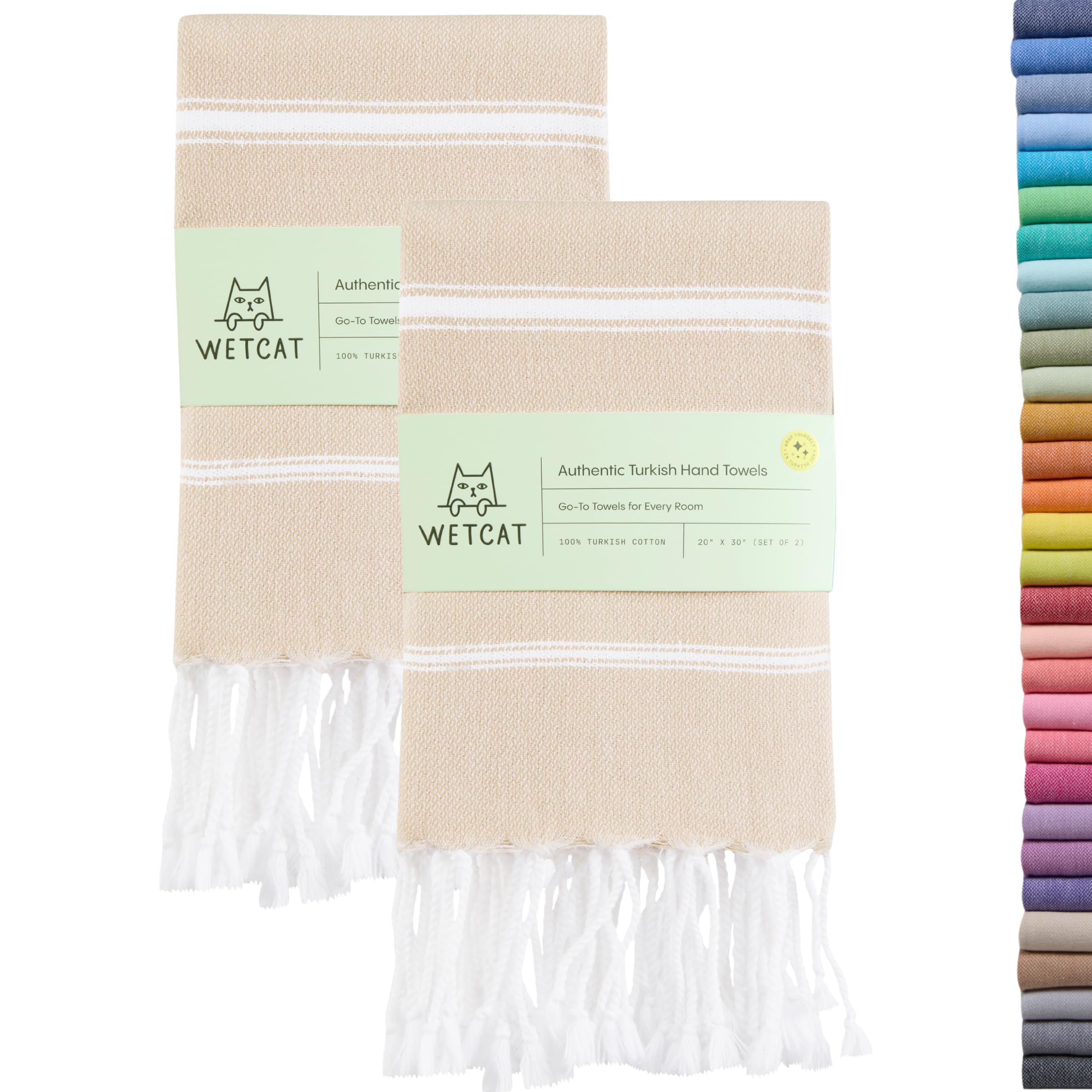 WETCAT Turkish Hand Towels with Hanging Loop (20 x 30) - Set of 2  100% Cotton  Soft - Pre Washed Boho Farmhouse Kitchen Towels - Unique Decorative Hand Towels for Bathroom (Beige)