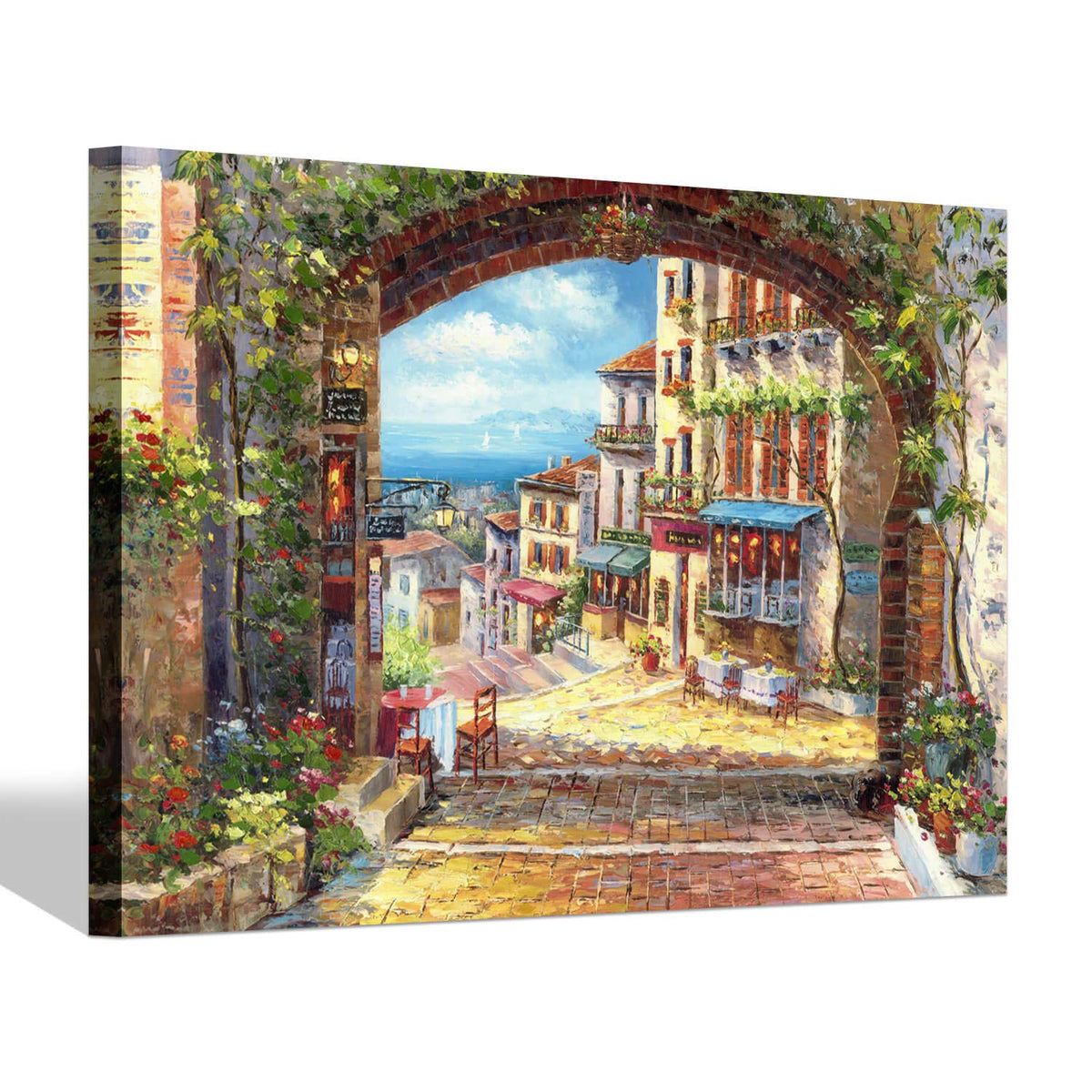 Sd Soft Dance Italian Town Canvas Wall Art - Coastal Village Painting Artwork Reproduction Print Decor For Living Room (24'' X 3