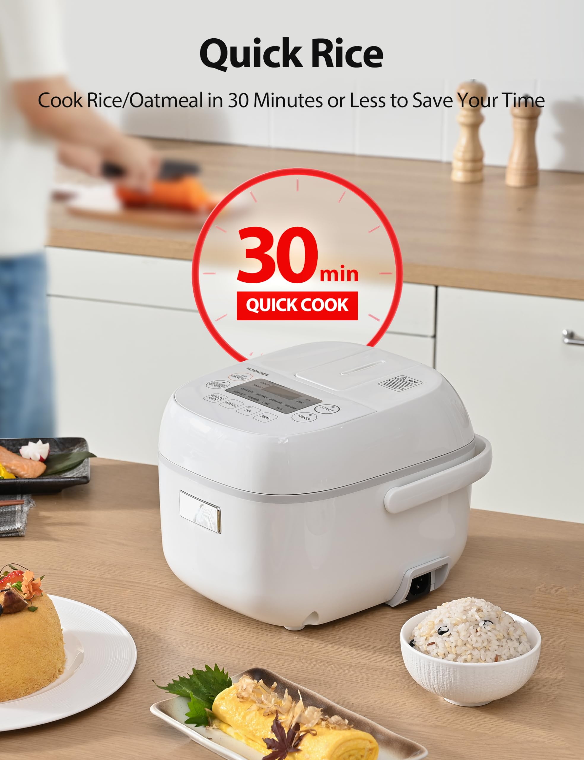 TOSHIBA Mini Rice Cooker 3 Cups, Stainless Steel, White, Model TRCS02, Fuzzy Logic, One-Touch Cooking, Auto Keep Warm