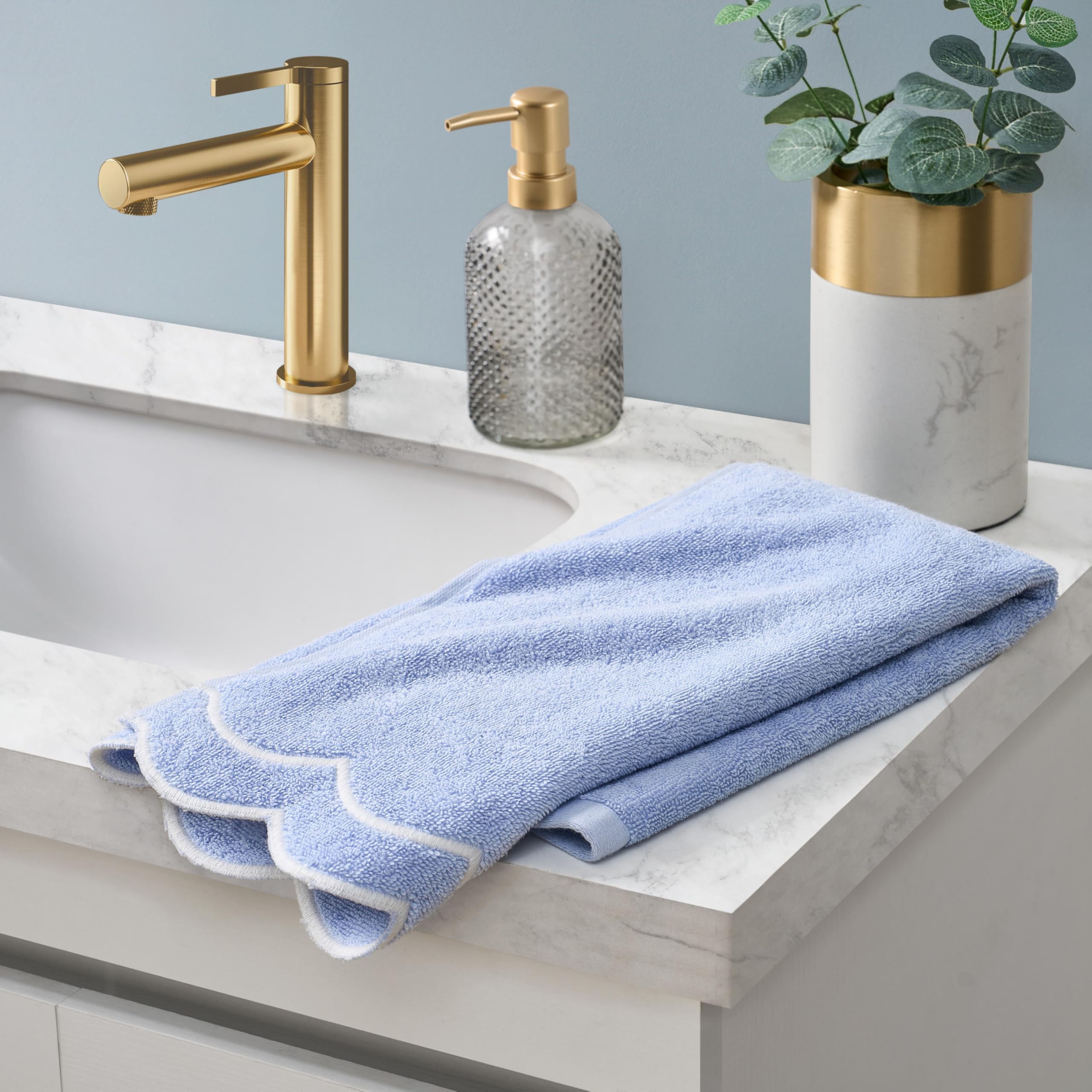 Peri Home 100% Cotton Hand Towel for Bathroom, Embroidered, Soft & Absorbent, 500 GSM, 1 Piece, 16 x 27, Blue with White Scallop