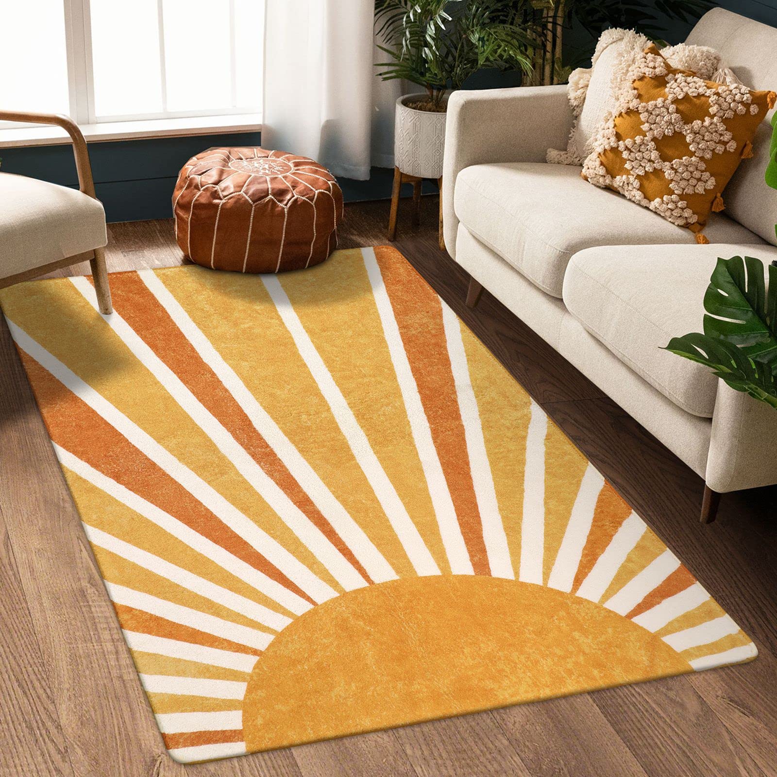 Lahome Boho Sun Print Area Rug - 3x5 Small Washable Rug Modern Abstract Non-Slip Accent Distressed Throw Rugs Floor Carpet for B