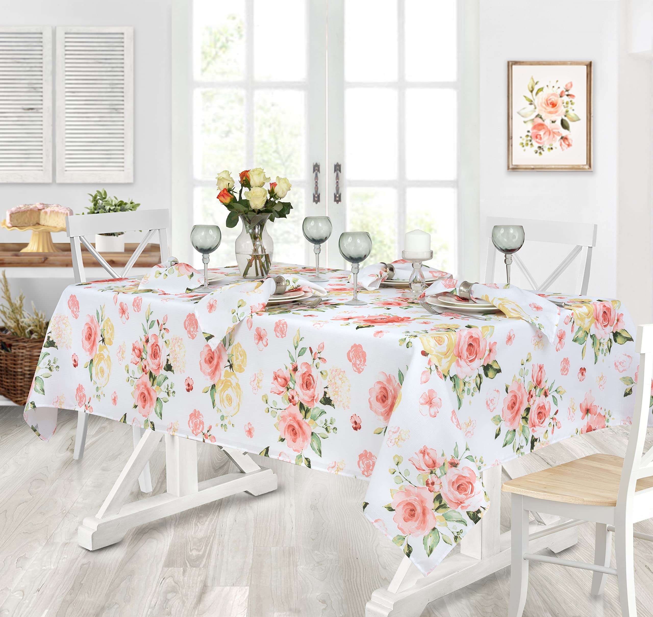 Newbridge Easter Marie Yellow And Pink Rose Petal Floral Rectangle 52 X 70 Inch Fabric Tablecloth, Stain And Wrinkle Resistant T