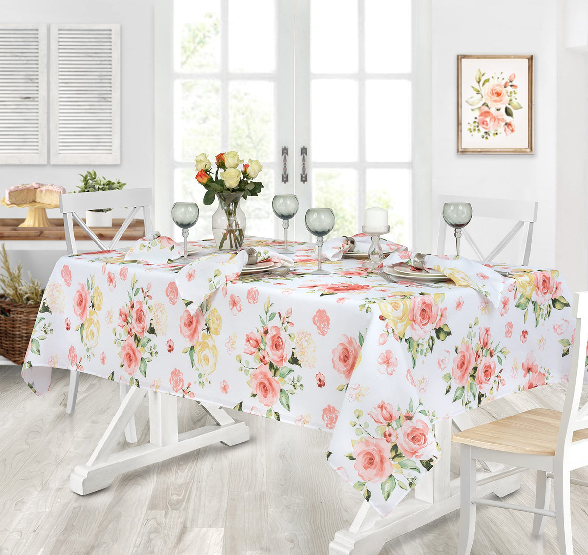 Newbridge Easter Marie Yellow And Pink Rose Petal Floral Square 52 X 52 Inch Fabric Tablecloth, Stain And Wrinkle Resistant Tabl