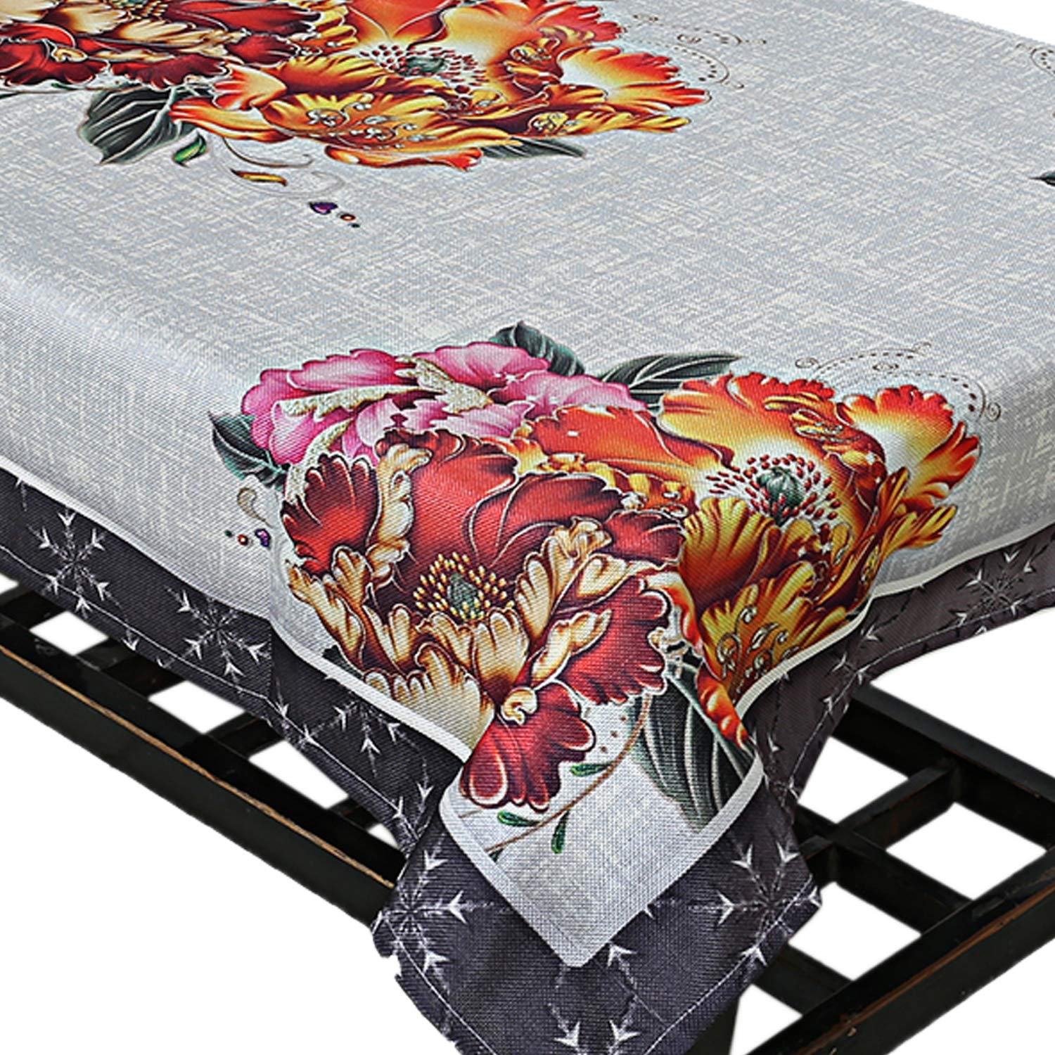 Kuber Industries Floral Jute 4 Seater Center Table Cover  Grey