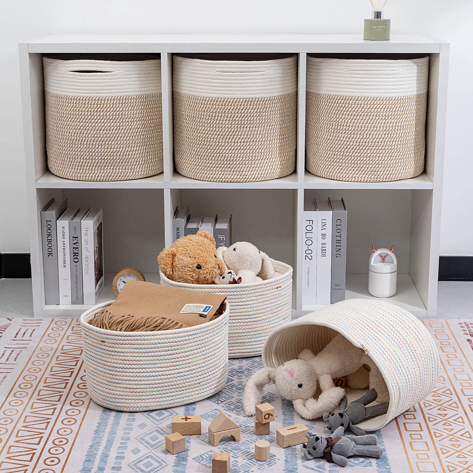 CubesLand Woven Basket for Organizing/Shelves  Cube Shelf Closet Storage Baskets Bins Set 3  Long-Lasting &Skin-Friendly Storage Basket Bin  Stylish Room Basket  Rainbow Stitches Cotton Rope Basket