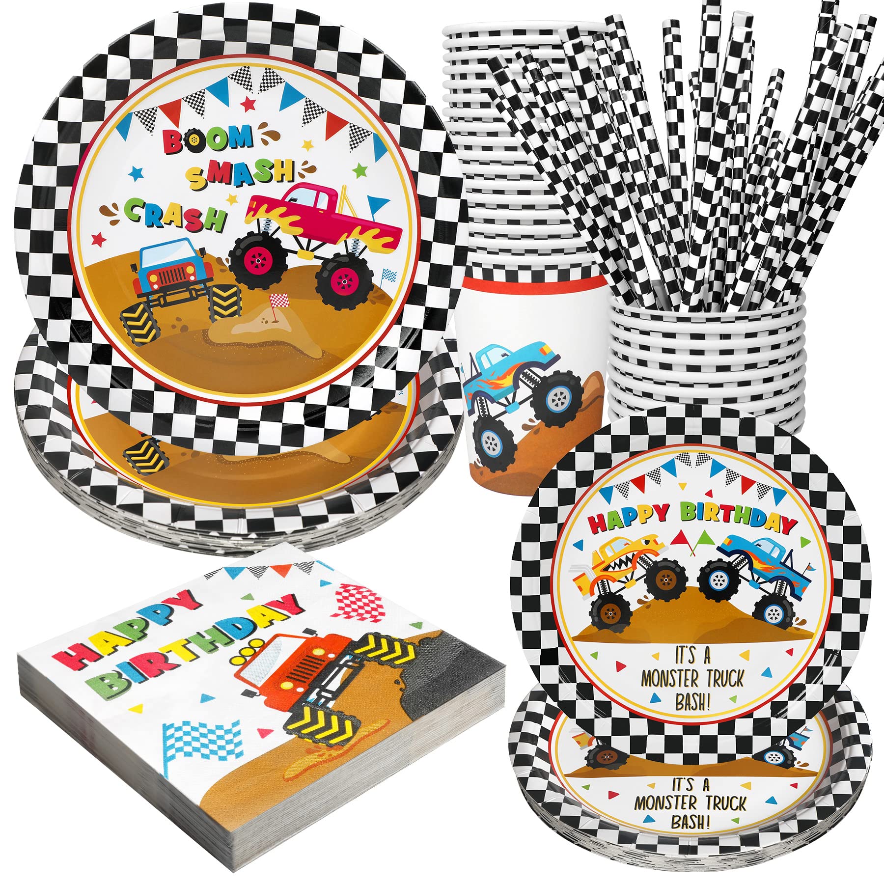 Monster Truck Party Supplies Decorations, Kids Birthday Paper Plates And Napkins Set With Cups And Straws For 24 Guests, 120 Pcs