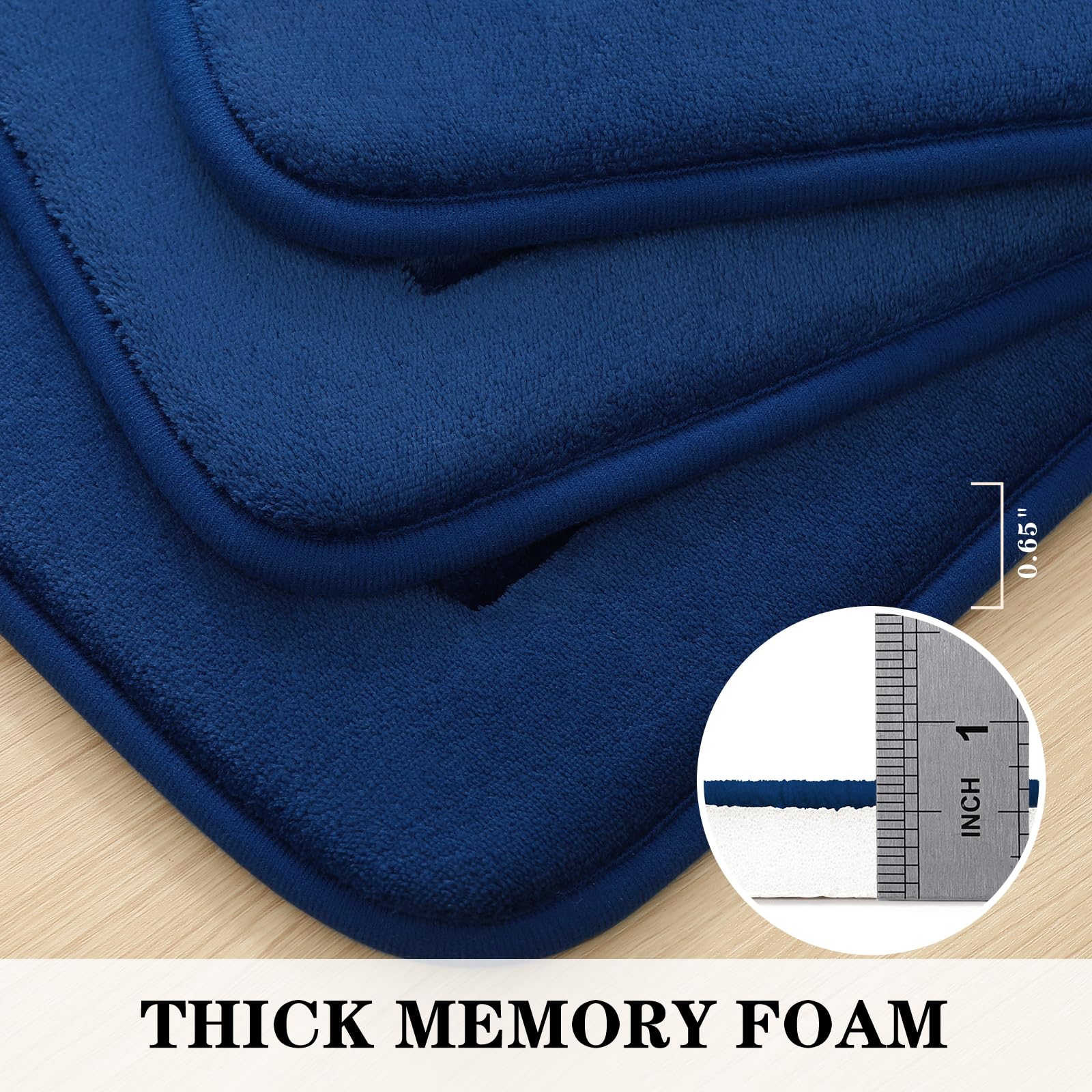 Bysure Navy Blue Memory Foam Bath Mat, Non Slip Extra Soft Absorbent Machine Washable, Bathroom Rugs Sets 3 Piece For Toilet Sho