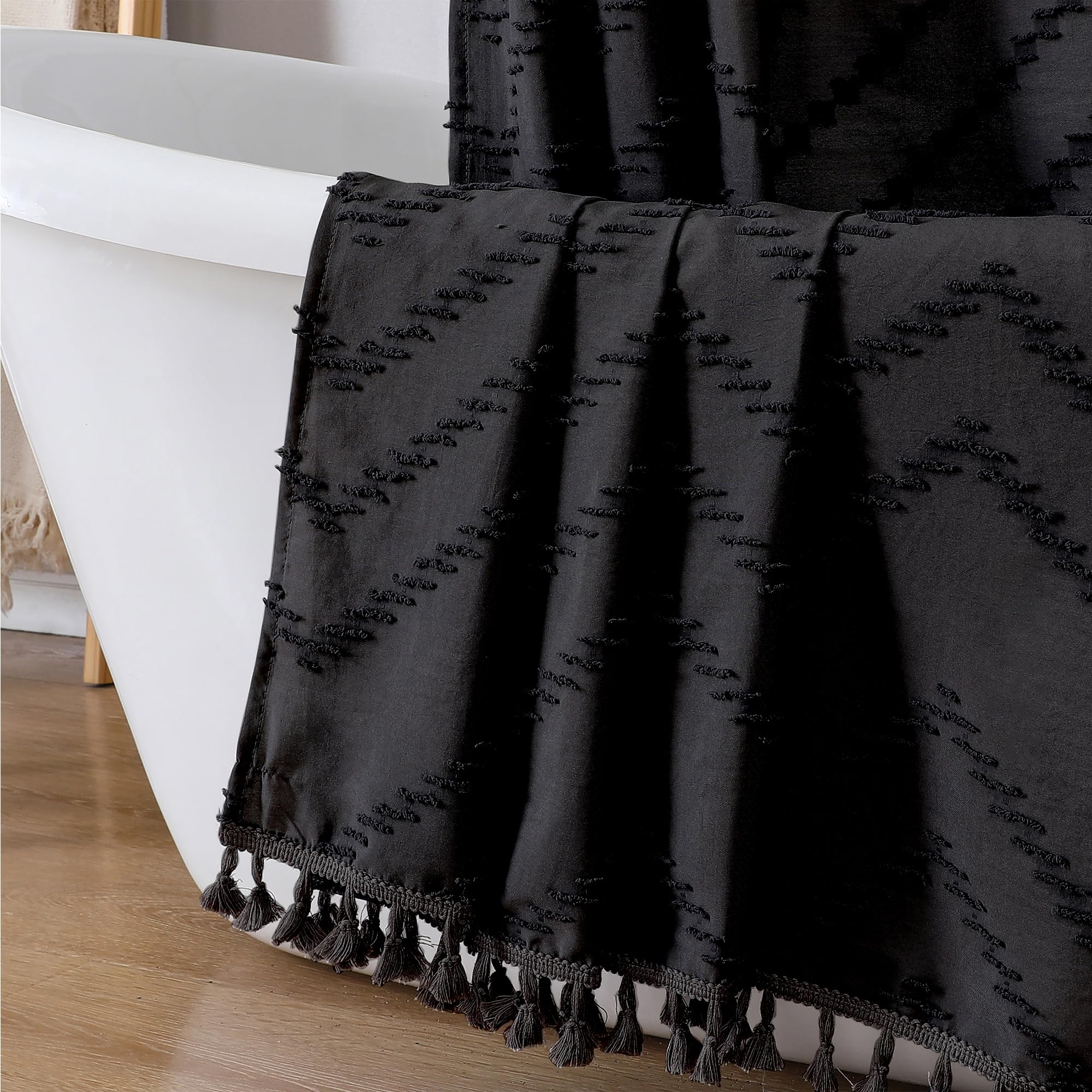 Owenie Extra Long Black Boho Shower Curtain, Chic Tufted Chevron Striped Textured Fabric Cloth Shower Curtains With Tassel For B