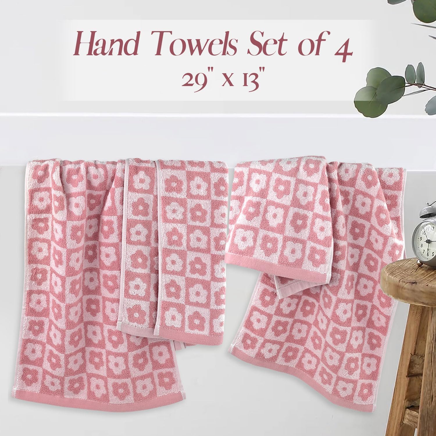 Jacquotha Cotton Hand Towels Pink Checkered Floral - Quick Drying Hand Towel Set Of 4, For Women Girls Wife, 29    X 13