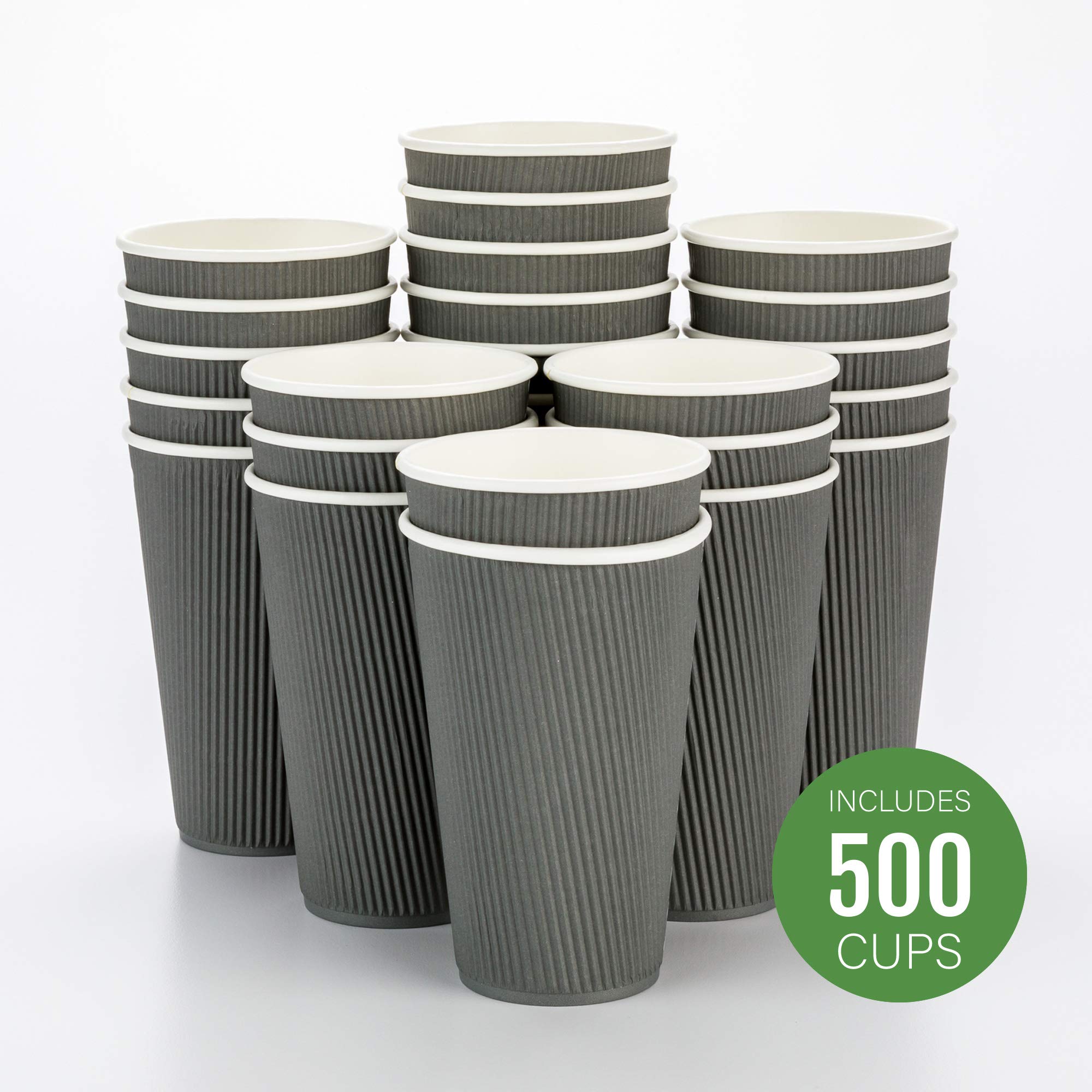 500-CT Disposable Gray 16-OZ Hot Beverage Cups with Ripple Wall Design: No Need for Sleeves - Perfect for Cafes - Eco-Friendly Recyclable Paper - Insulated - Wholesale Takeout Coffee Cup