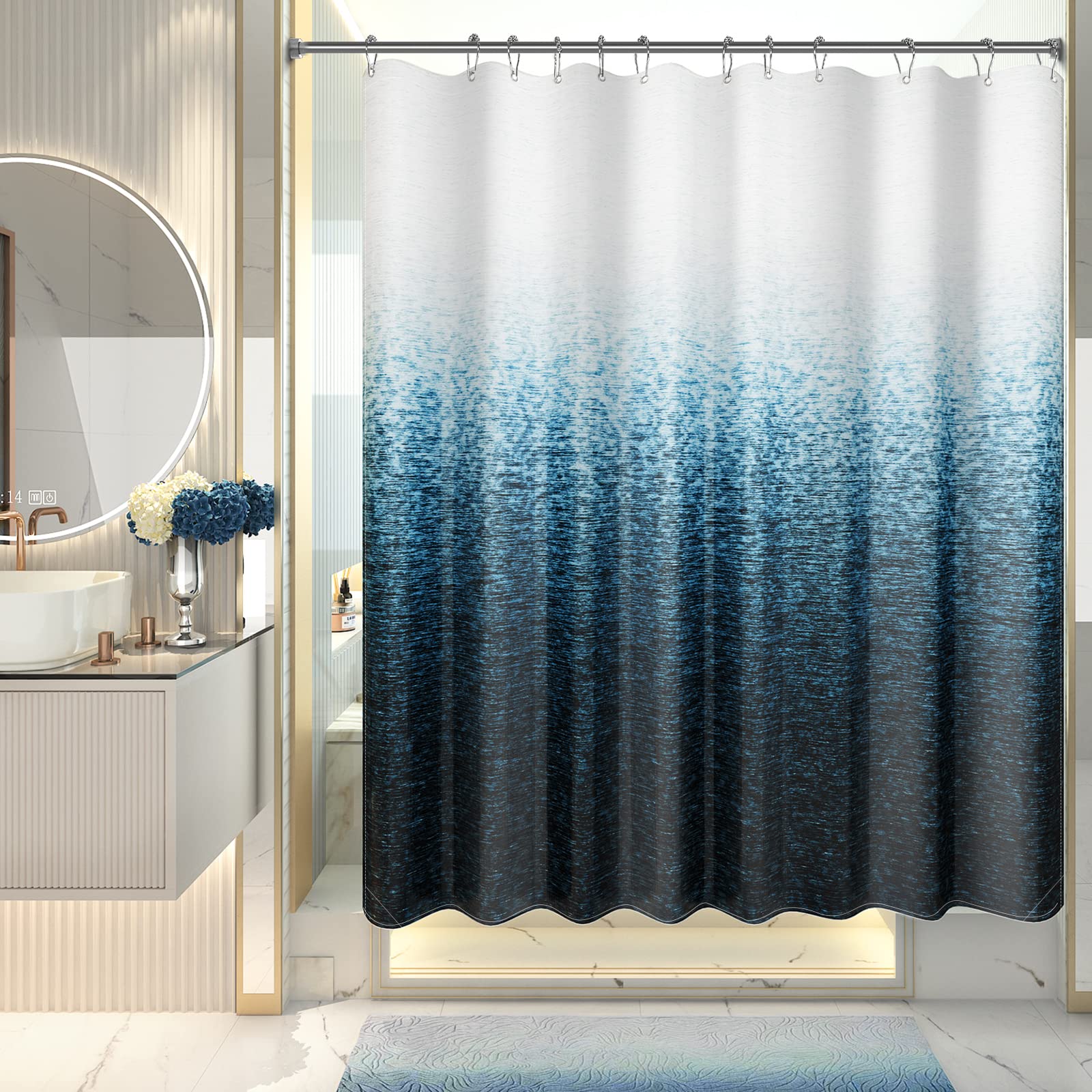 Amazerbath Shower Curtain Blue, Washable Cloth Ombre Shower Curtain Sets With 12 Metal Shower Curtain Hooks, Rustic Waterproof D