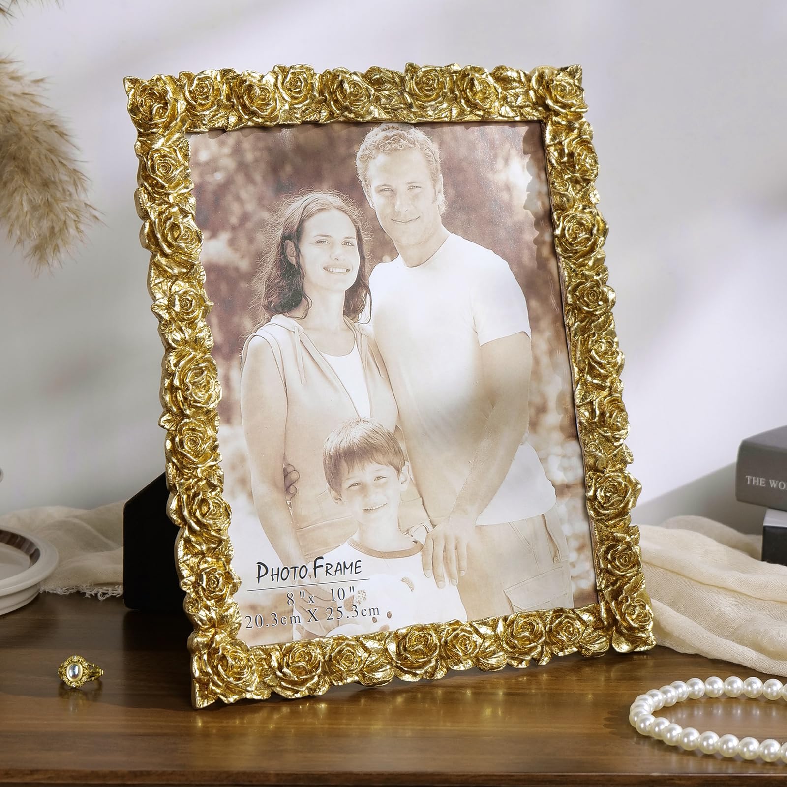 Cuspin 8x10 Picture Frame Vintage, Gold Ornate Rose Flower Resin Photo Frame with Glass Front for Tabletop, Antique Picture Fram