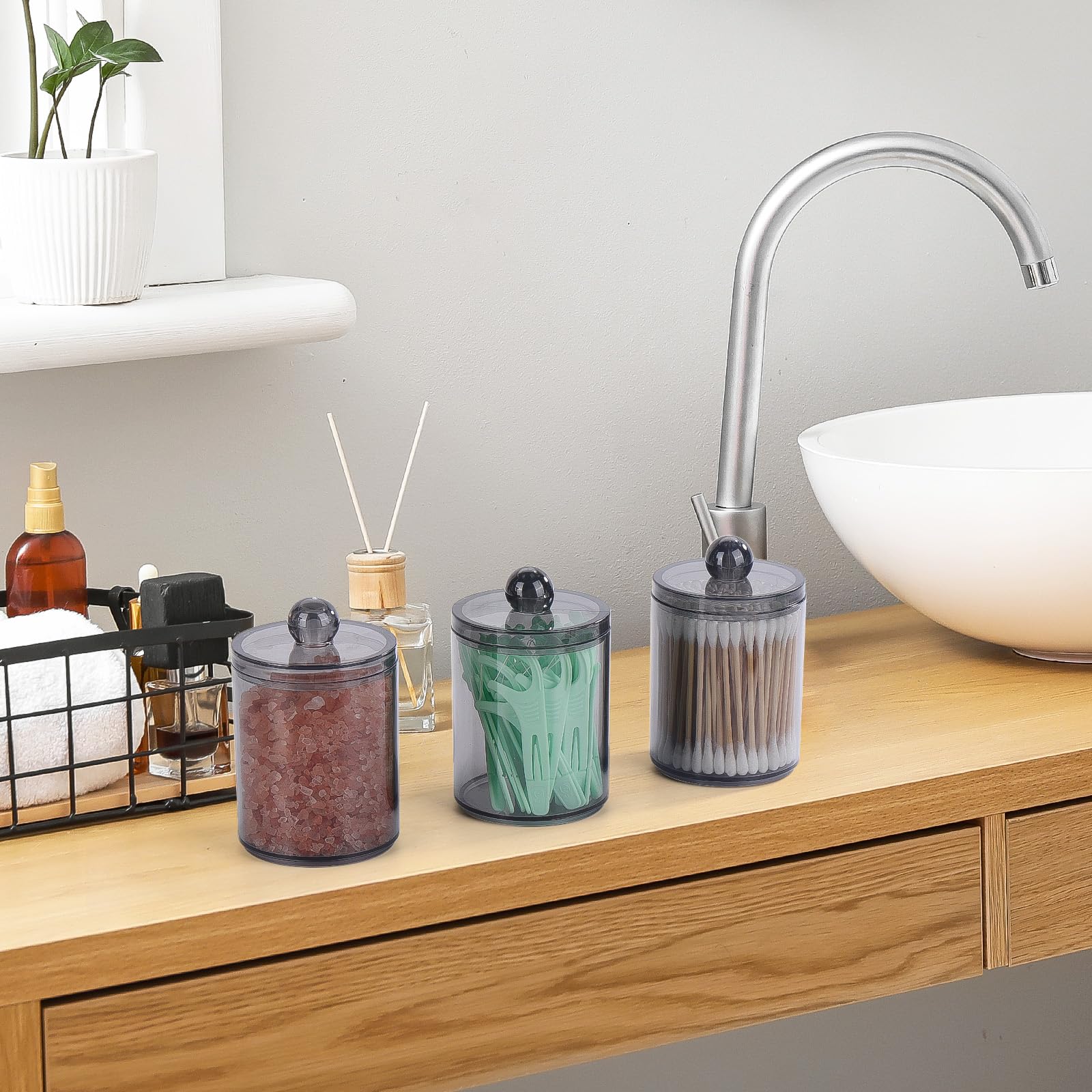 Tbestmax 6 Pack 10Oz Qtip Holder Dispenser Plastic Restroom Bathroom Canister Storage Organization Black Apothecary Jars With Li