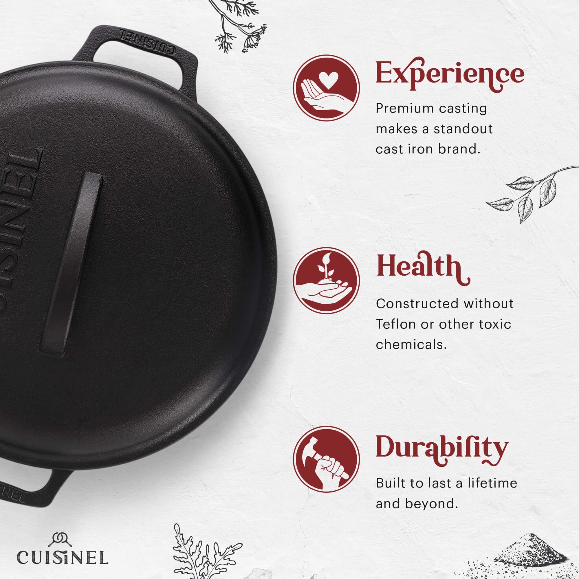 Cuisinel Cast Iron Dutch Oven - 7-Quart Deep Pot + Lid + Pan Scraper + Handle Covers - Large Pre-Seasoned Cooker For Baking Brea
