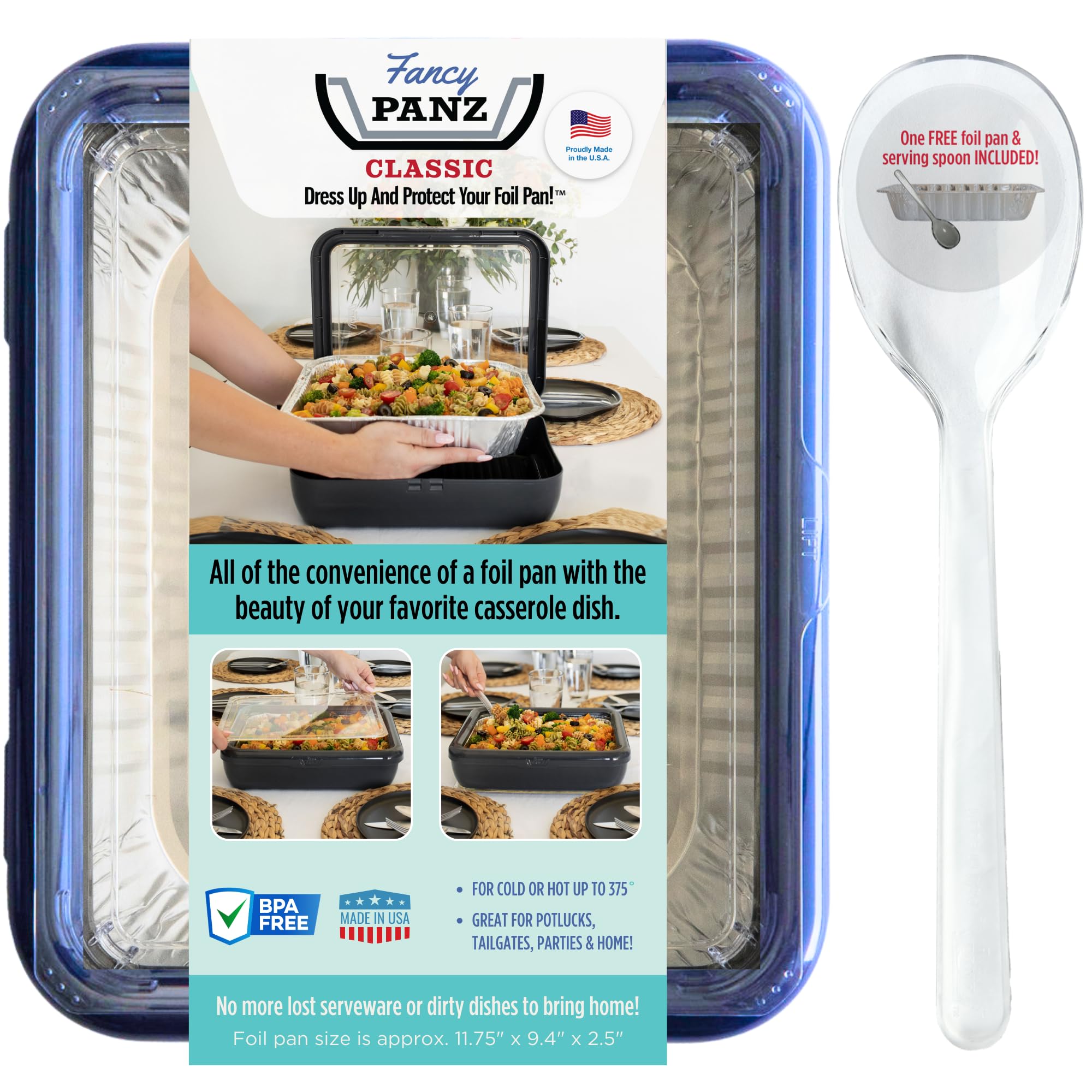 Fancy Panz - Navy Classic Aluminum Foil Pan Carrier with Lid - Elevated Food Serving Tray - Portable Casserole Carrier with Lid 
