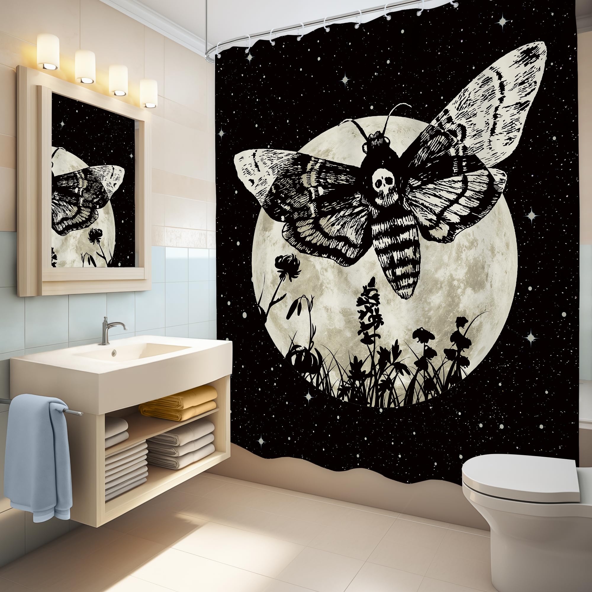 Lghtyro Gothic Skull Moth Shower Curtain Bathroom Set 60Wx71H Inches Mysterious Moon Stars Scary Black Floral Plant Leaves Bath