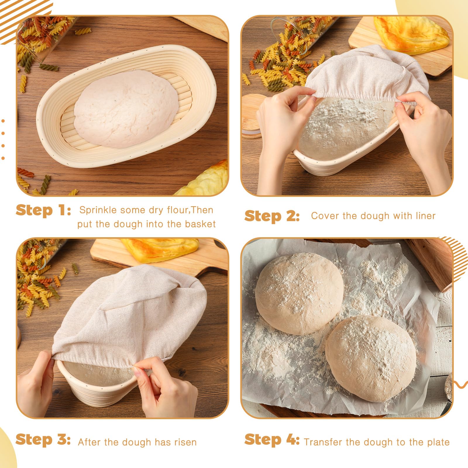 Gejoy Oval Banneton Bread Proofing Basket Set Of 8, Sourdough Bread Baking Bowl Kit With Cloth Liners And Dough Scrapers Natural