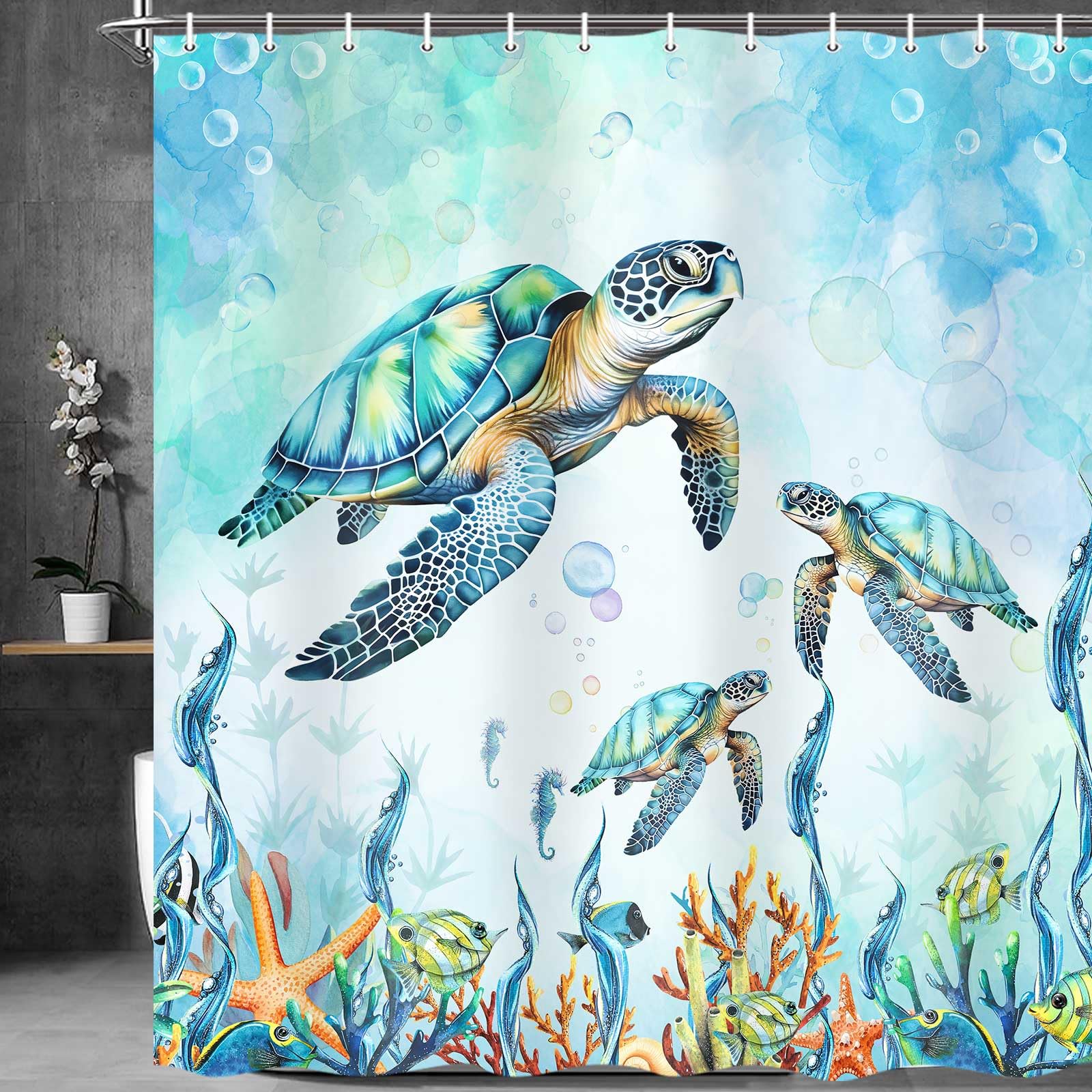 Merchr Sea Turtle Shower Curtain Coastal Beach Decoration Nautical Shower Curtains For Bathroom, Blue Ocean Teal Fabric Bath Cur