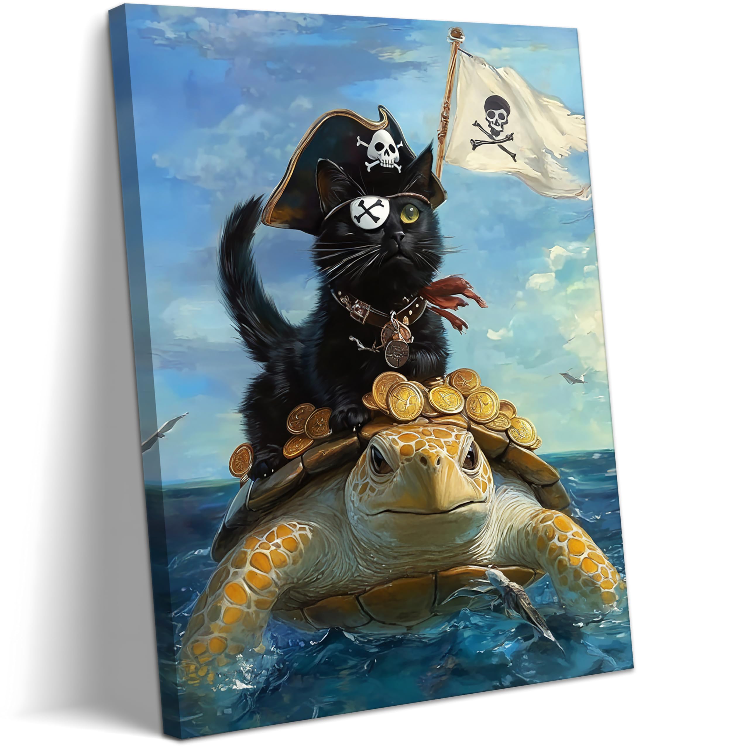 Yaneiro Funny Cat Poster Wall Art, Abstract Pirate Cat Canvas Print Wall Decor 12X16 Inch