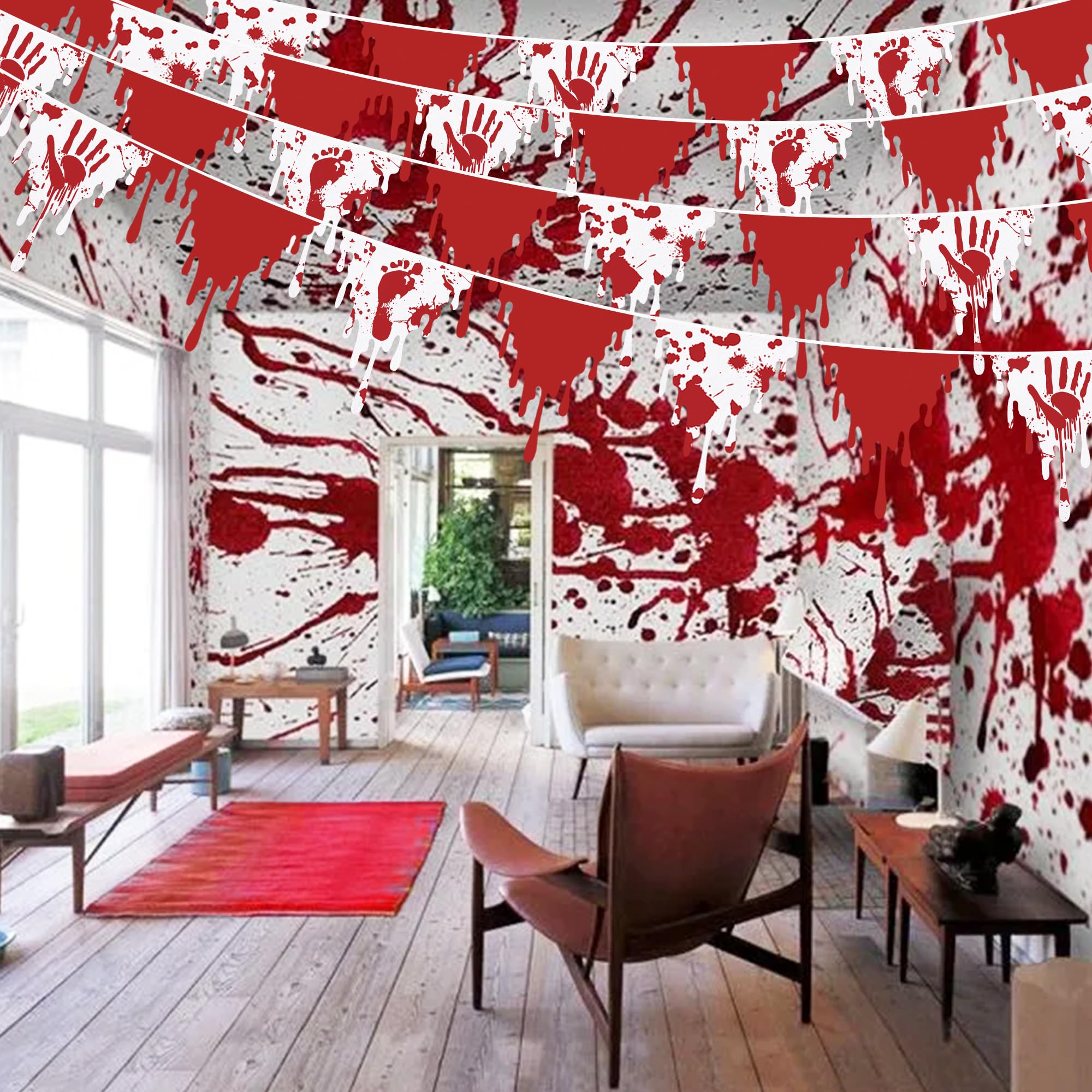 30Ft Halloween Party Decorations Red Bloody Handprint Footprint Triangle Flag Banner Fabric Pennant Garland Streamers For Happy
