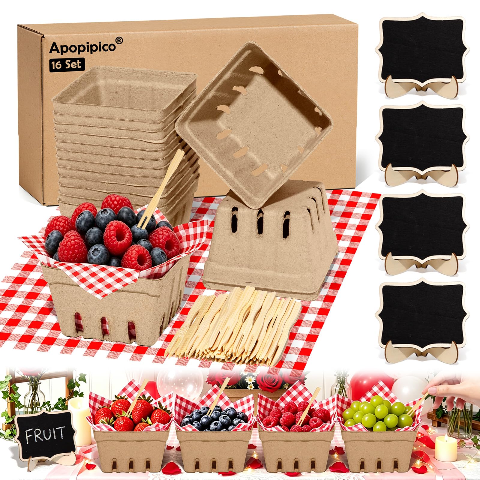 16 Set Farmers Market Decorations Natural Pulp Fiber Berry Baskets Kit with Deli Paper Sheets Bamboo Forks Mini Chalkboard Signs