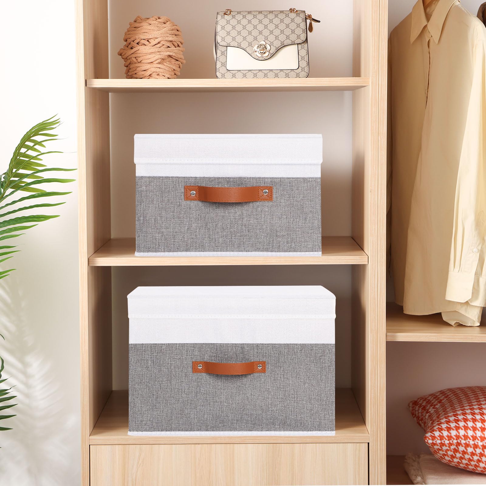 Yheenlf Fabric Storage Boxes With Lids, Linen Foldable Cloth Baskets, 17.7 X 11.8 X 11.8 Inch Closet Organizer Containers With D