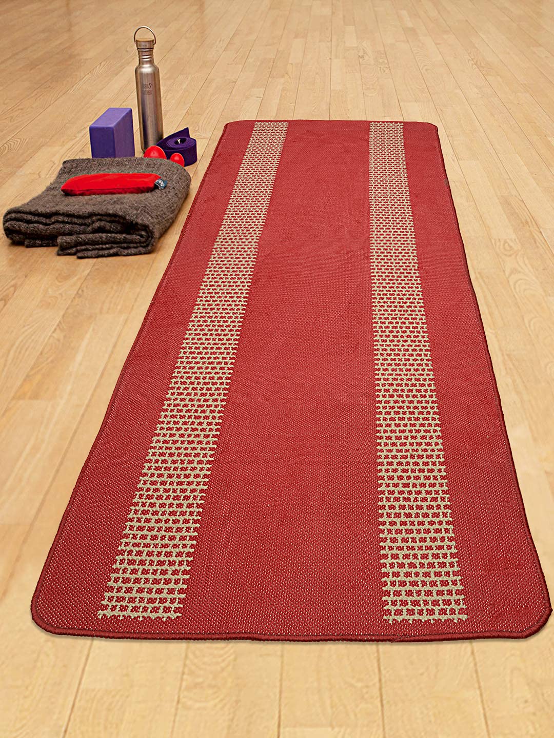 Saral Home Sutra Design Handwoven 8Mm Thick AntiskidLong LifeWashable Yoga Mat  Red, 70X170 Cms