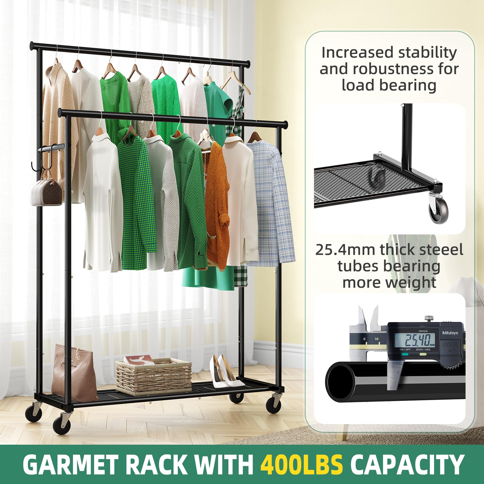 Ekisemio Double Rod Clothing Garment Rack On Wheels, 45 Inches Clothes Rack With Mesh Bottom Shelf For Hanging Clothes, Heavy Du