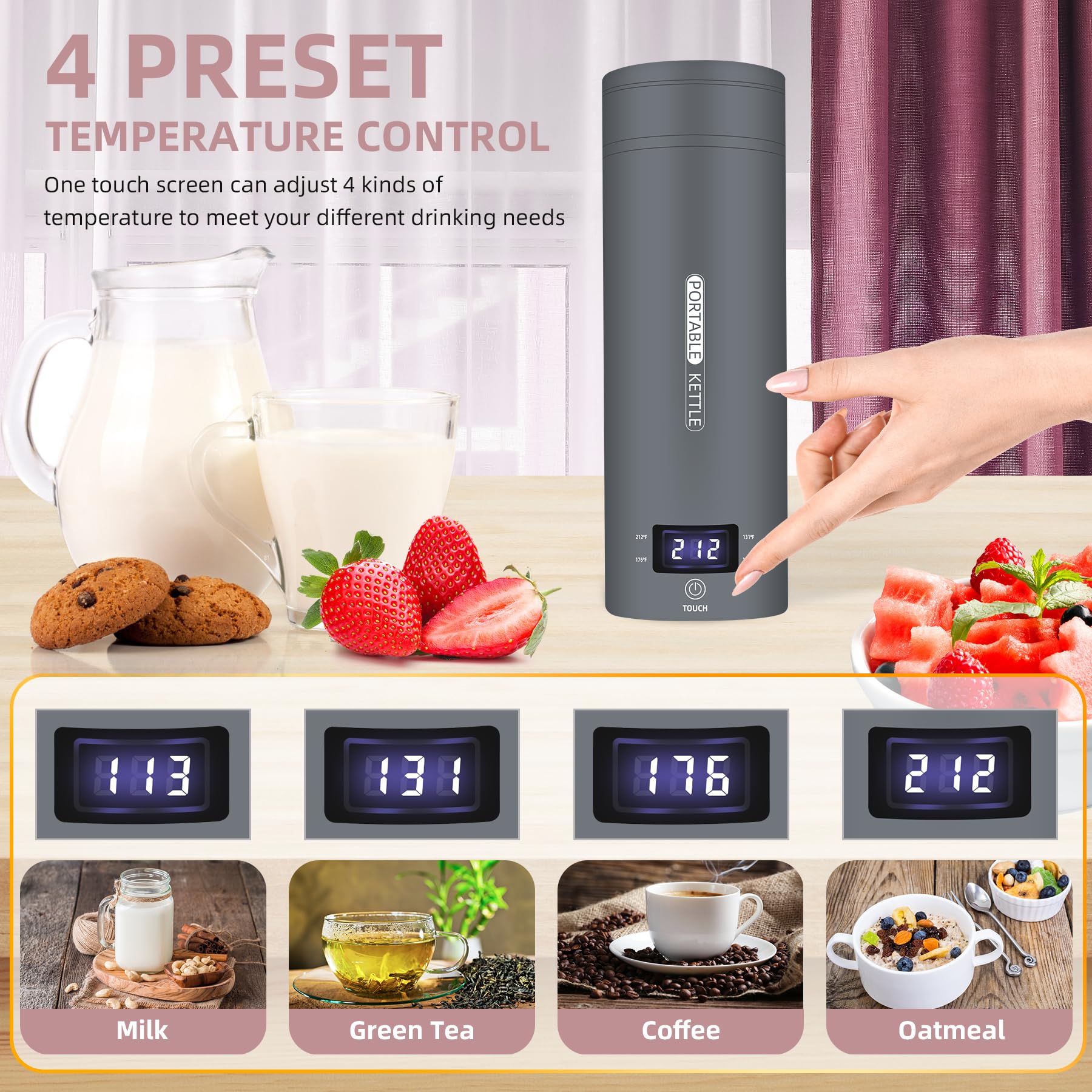 Travel Electric Kettle Portable Small Mini Tea Coffee Kettle Water Boiler, Water Heater With 4 Temperature Control,304 Stainless