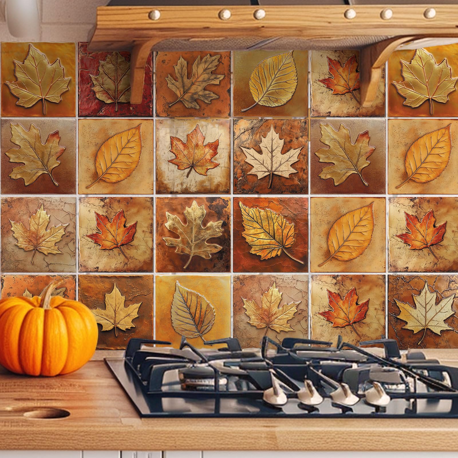 Faccito 24 Pcs Fall Tile Stickers 4X4 Inch Watercolor Thanksgiving Maple Leaves Peel And Stick Removable Self Adhesive Pvc Water