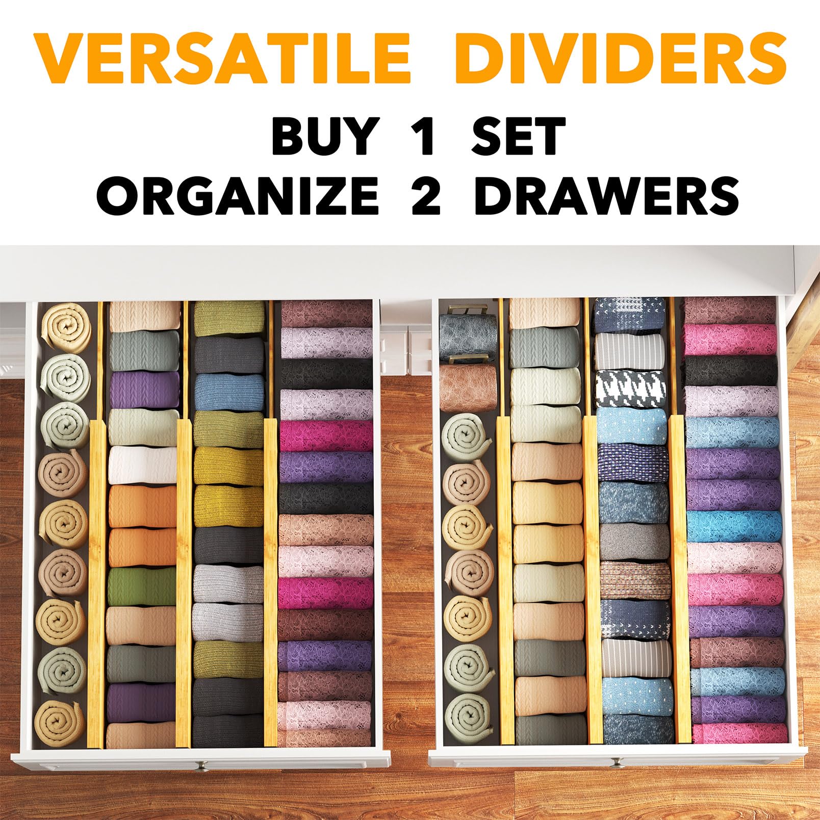 SpaceAid Bamboo Dresser Drawer Dividers 6 Pack, 4.65 High Adjustable 17-22    Drawer Organizers, Expandable Organization for Clo