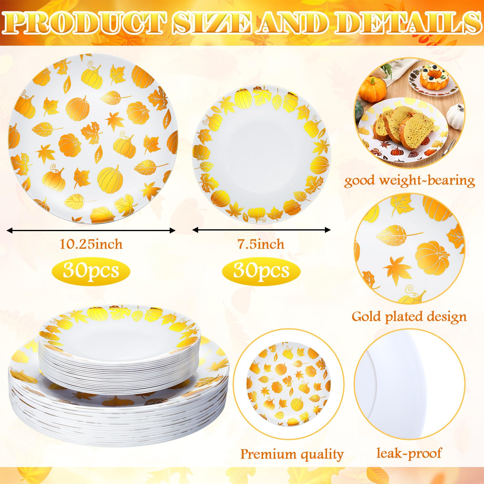 Suclain 60 Pcs Thanksgiving Party Disposable Plastic Plates Gold Fall Bridal Baby Shower Party Decoration Serves as 30 10.25 D