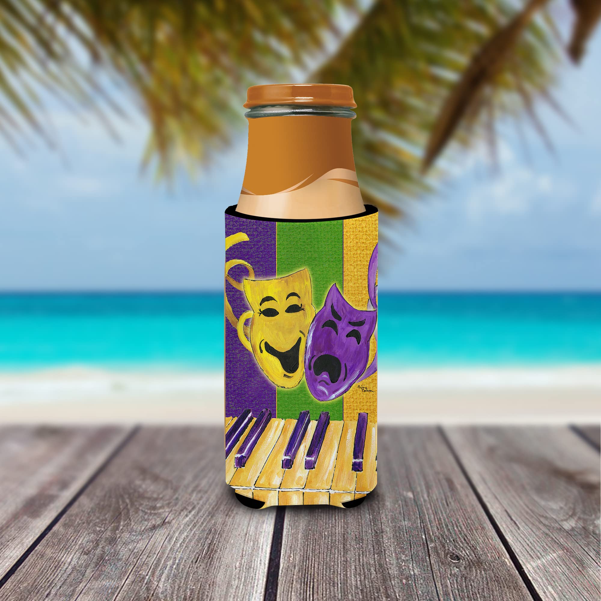 Mardi Gras Piano with Comedy and Tragedy Masks Ultra Beverage Insulators for slim cans 8370MUK