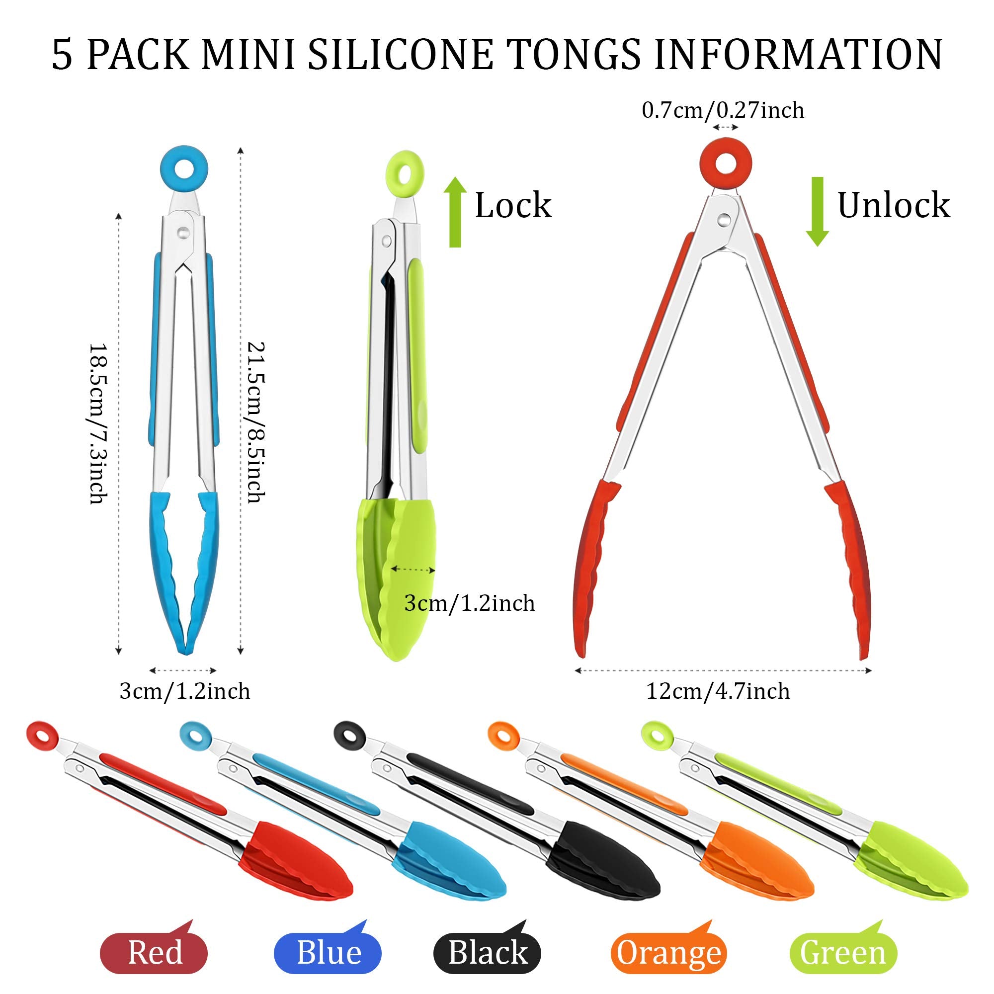 Mudder 7 Inch Mini Serving Kitchen Tongs With Silicone Tips, Stainless Steel Tongs For Salad, Grilling, Frying And Cooking, 5 Pi